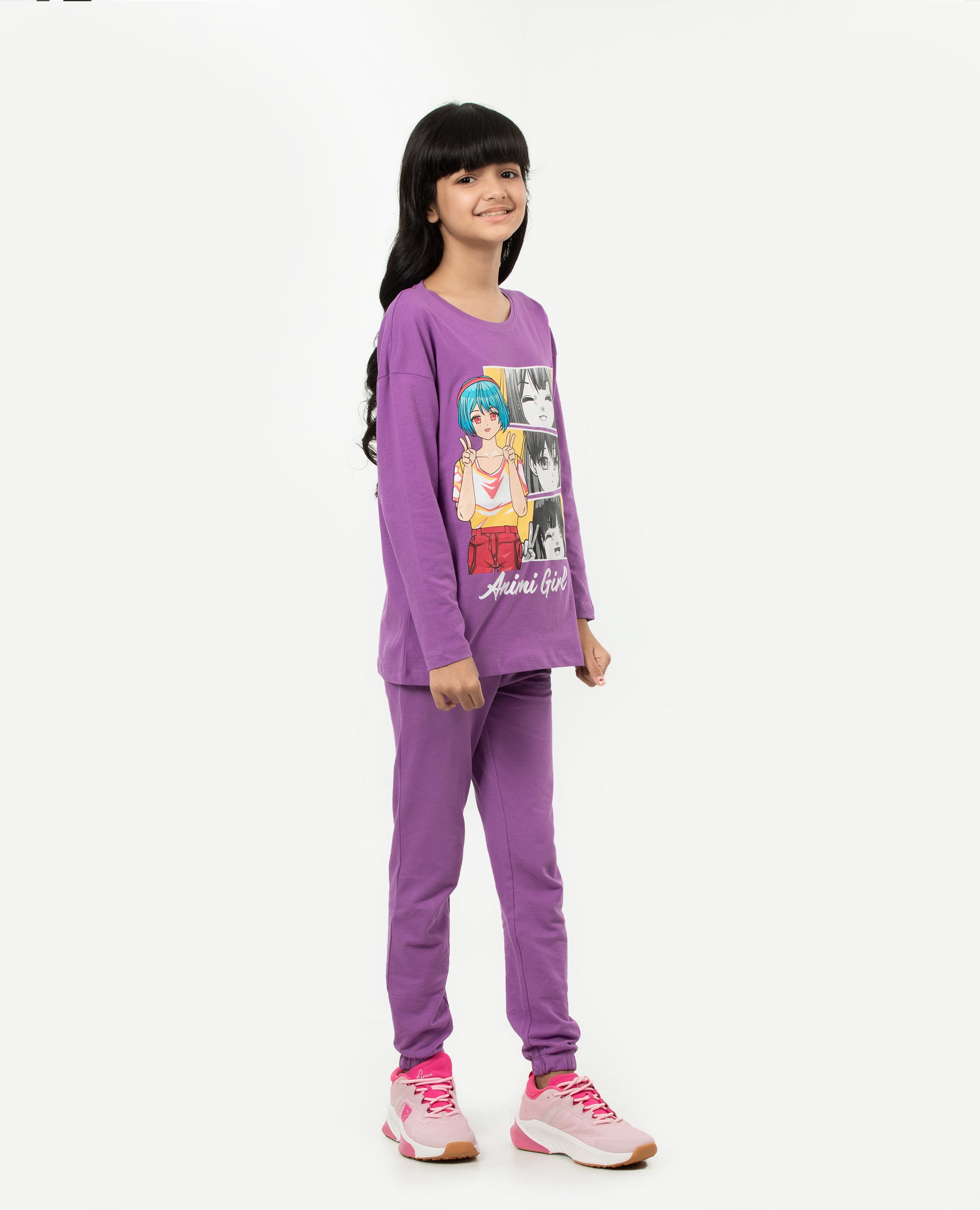 Girl's Anime Print Long Sleeve T-shirt & Bottom Set - FineLook