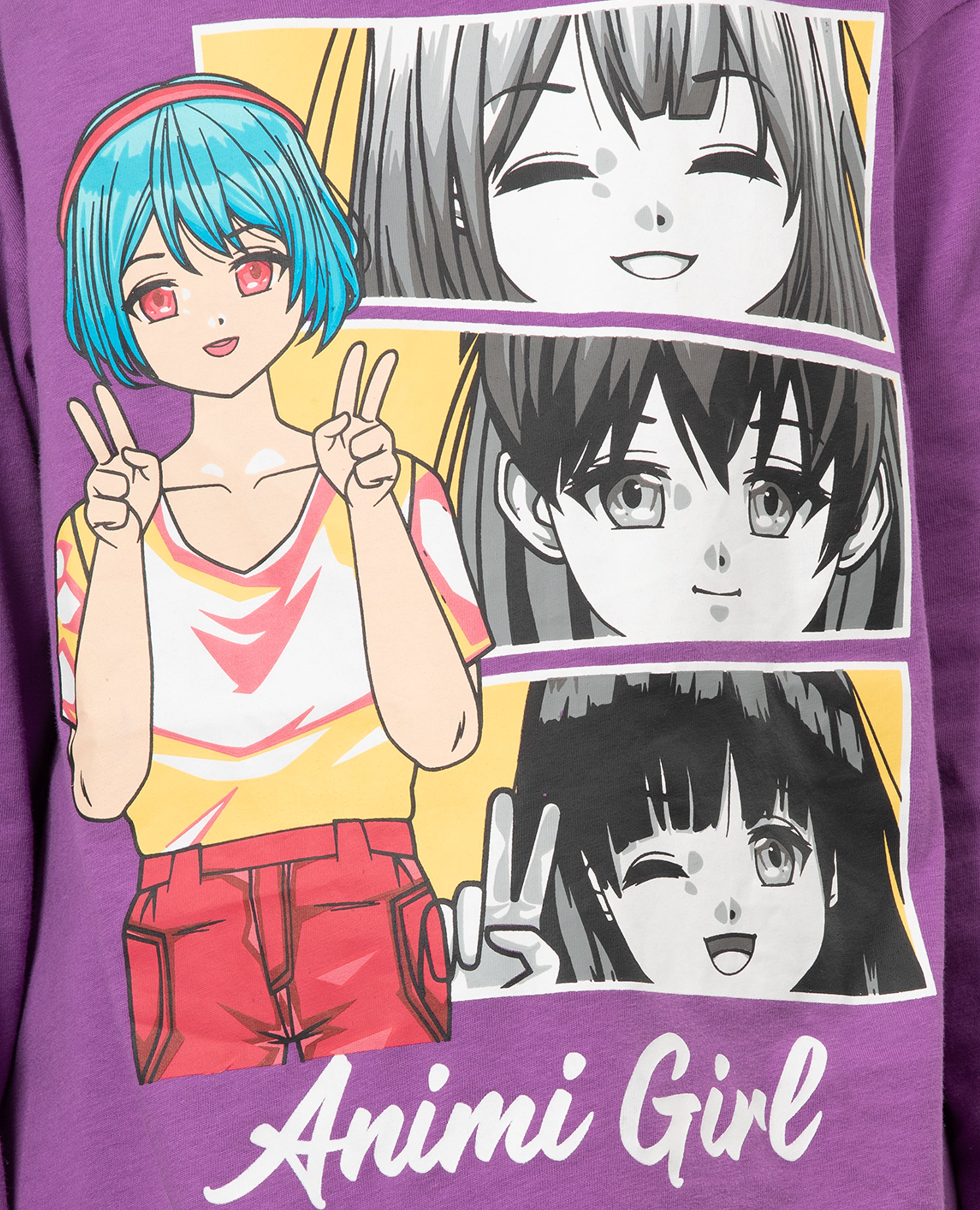 Girl's Anime Print Long Sleeve T-shirt & Bottom Set - FineLook