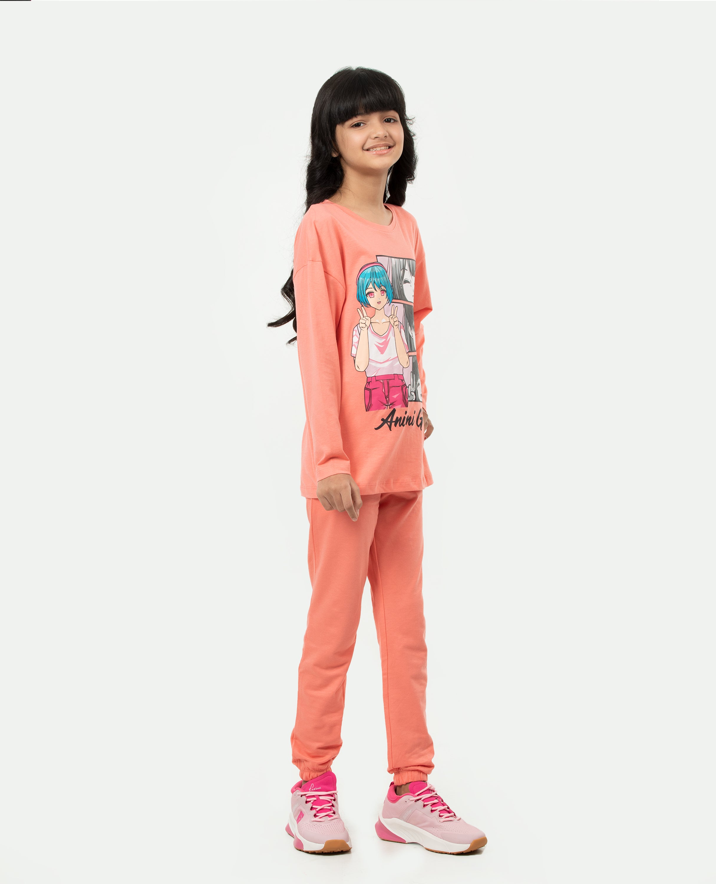 Girl's Anime Print Long Sleeve T-shirt & Bottom Set