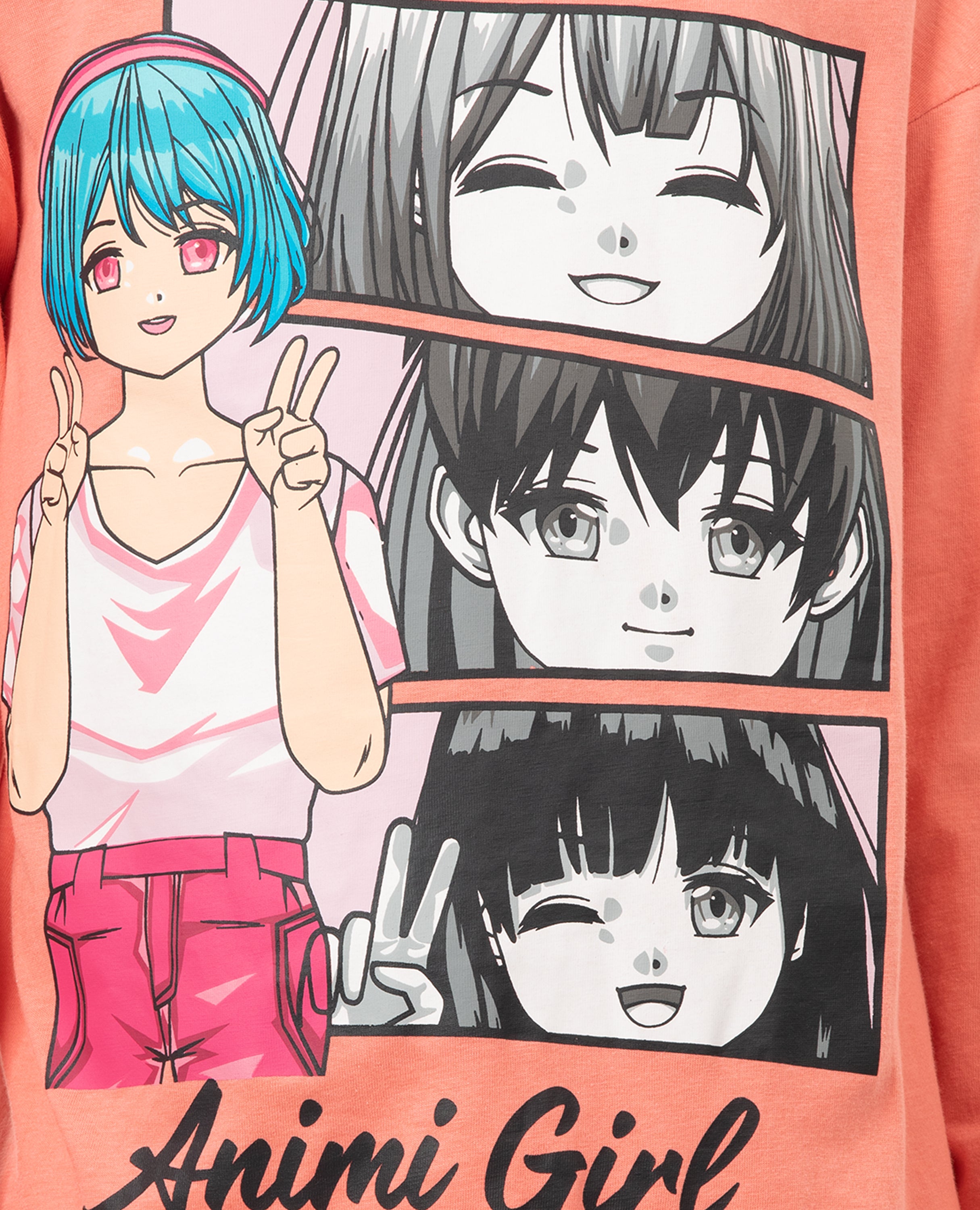 Girl's Anime Print Long Sleeve T-shirt & Bottom Set