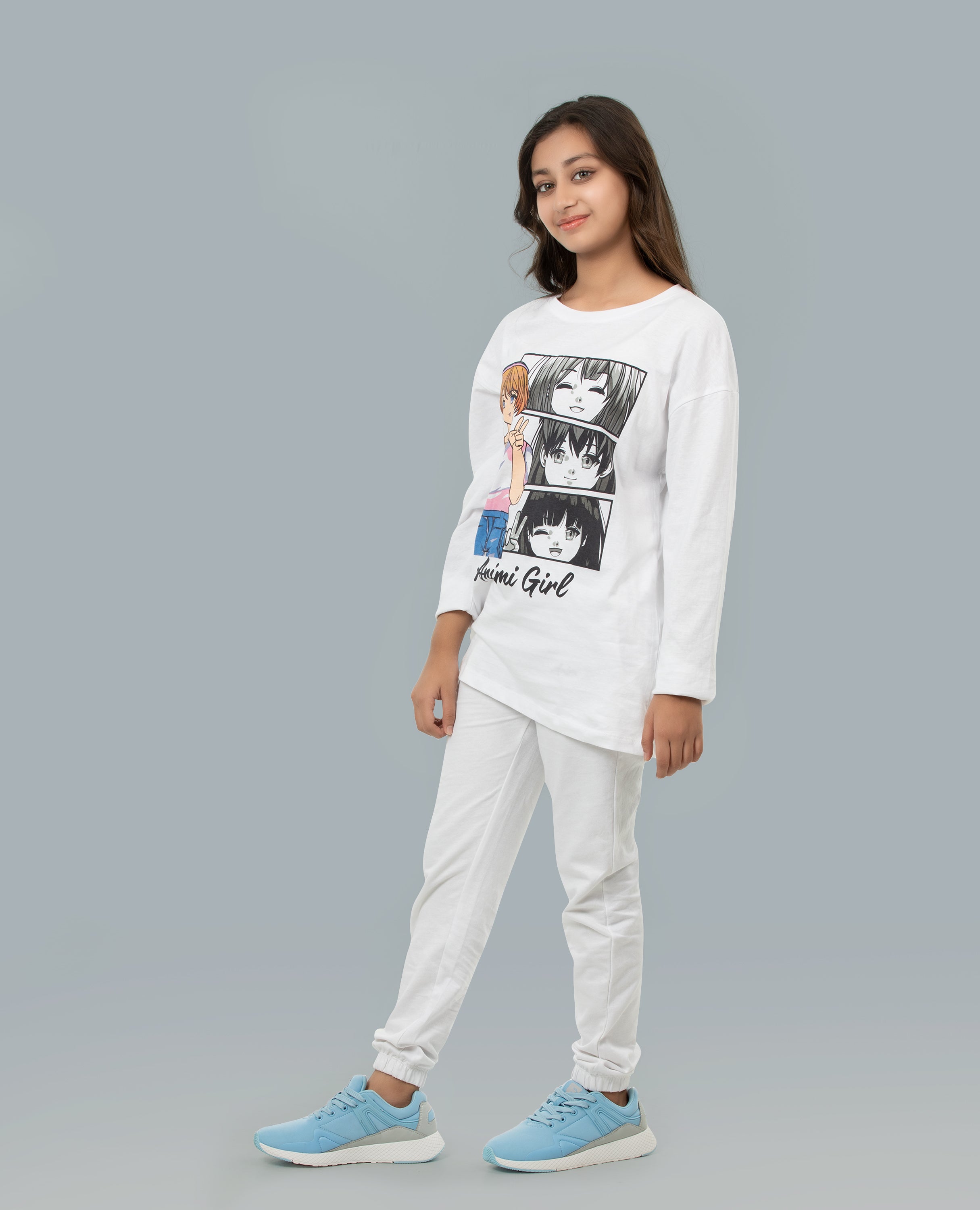 Girl's Anime Print Long Sleeve T-shirt & Bottom Set - FineLook