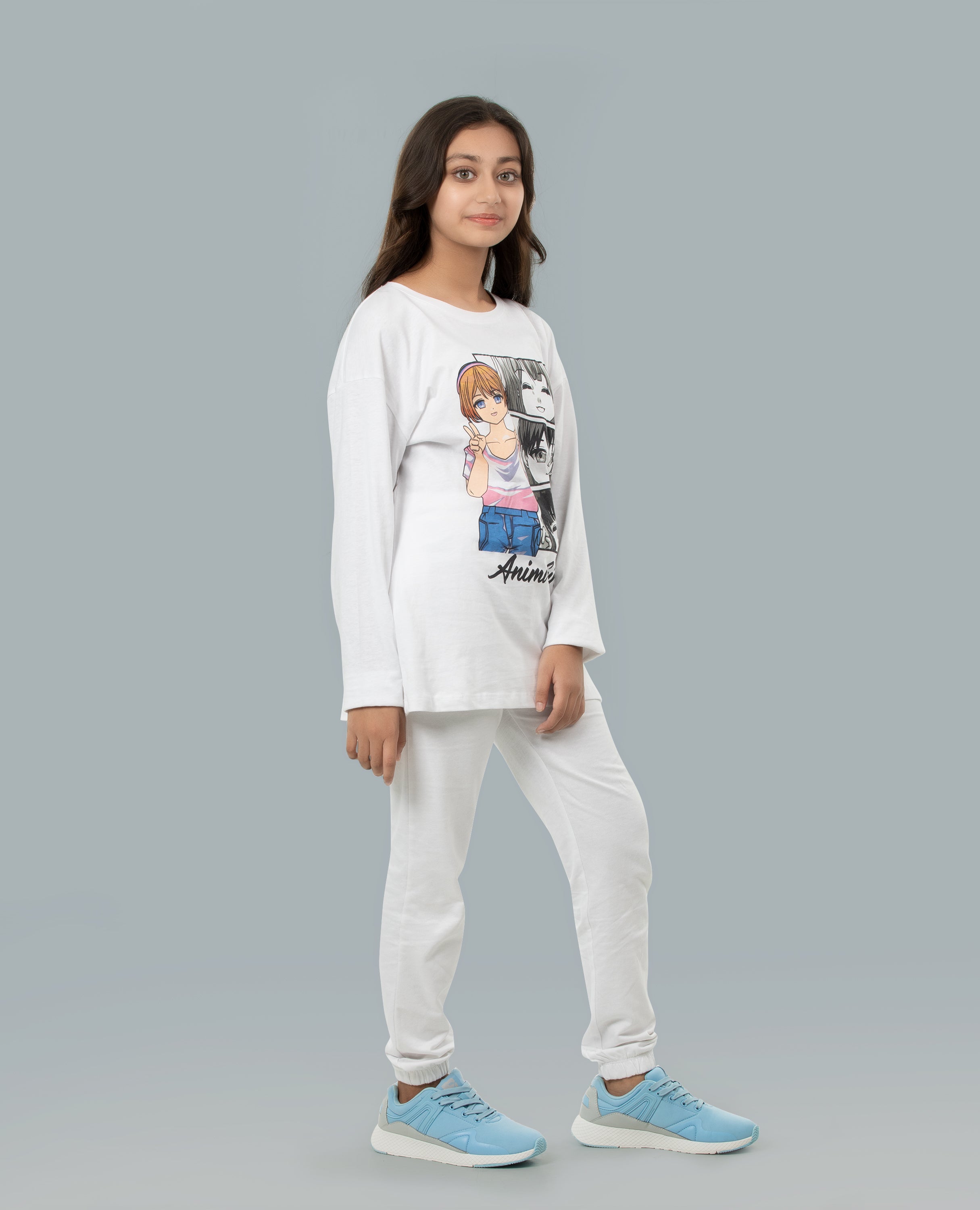 Girl's Anime Print Long Sleeve T-shirt & Bottom Set - FineLook