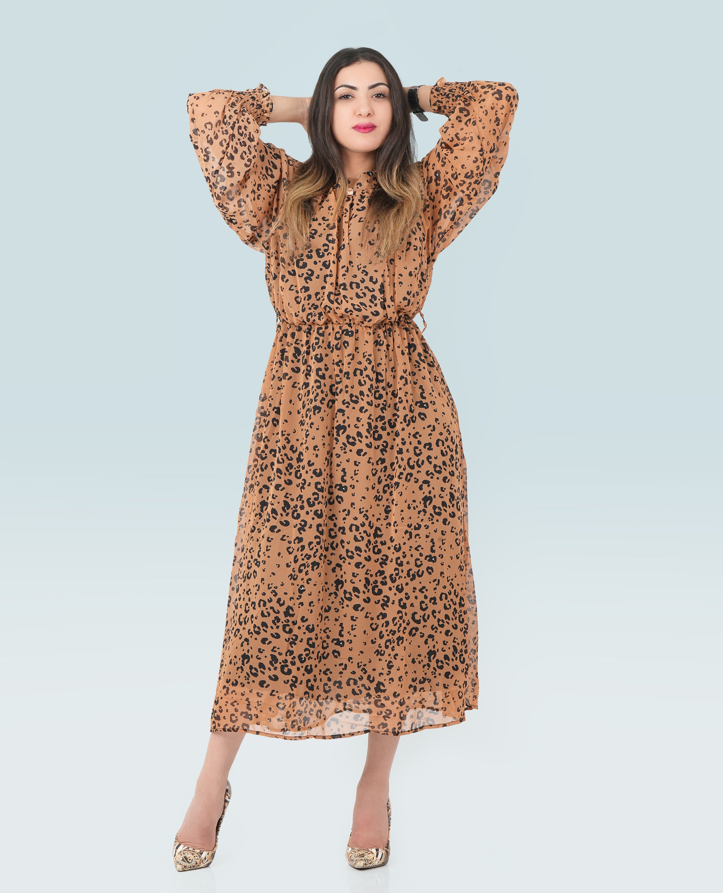 Women Leapord Print Mock Neck Midi Dress - Finelook