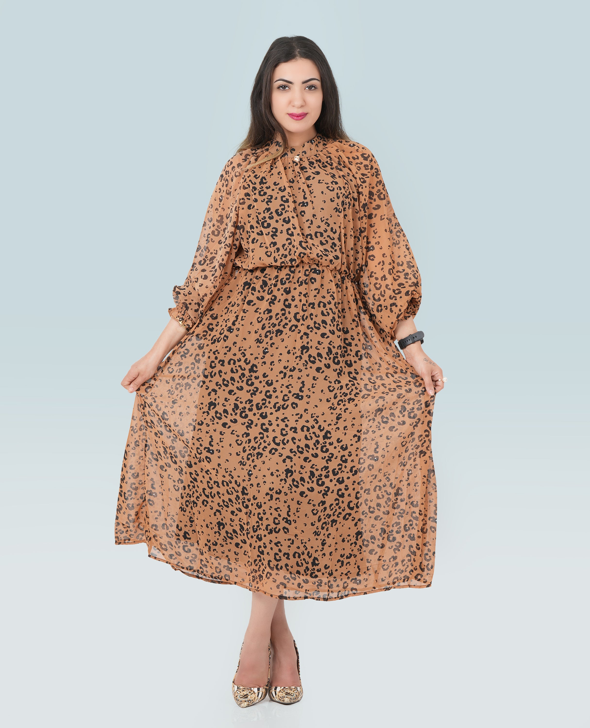 Women Leapord Print Mock Neck Midi Dress - Finelook - FineLook