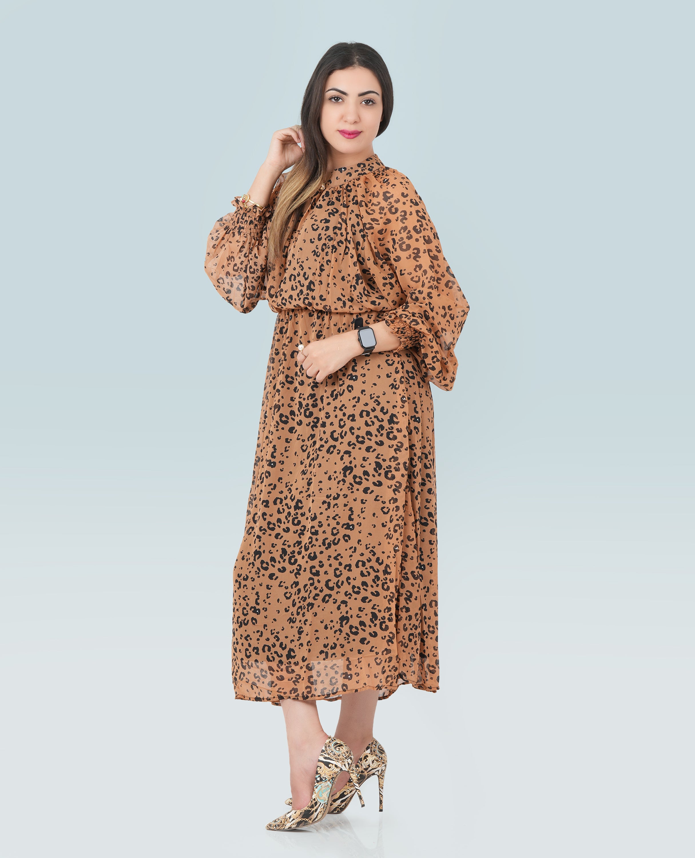 Women Leapord Print Mock Neck Midi Dress - Finelook