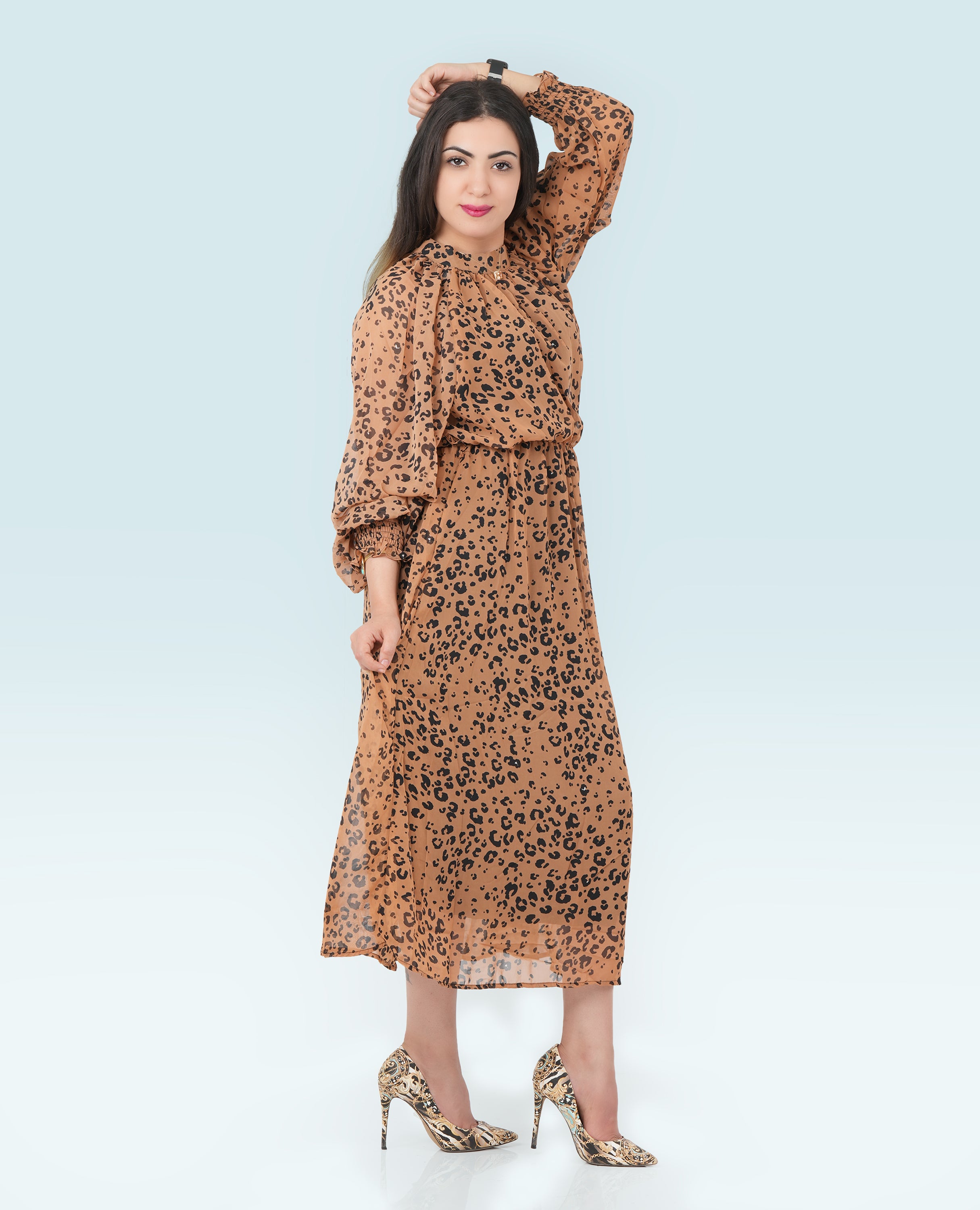 Women Leapord Print Mock Neck Midi Dress - Finelook