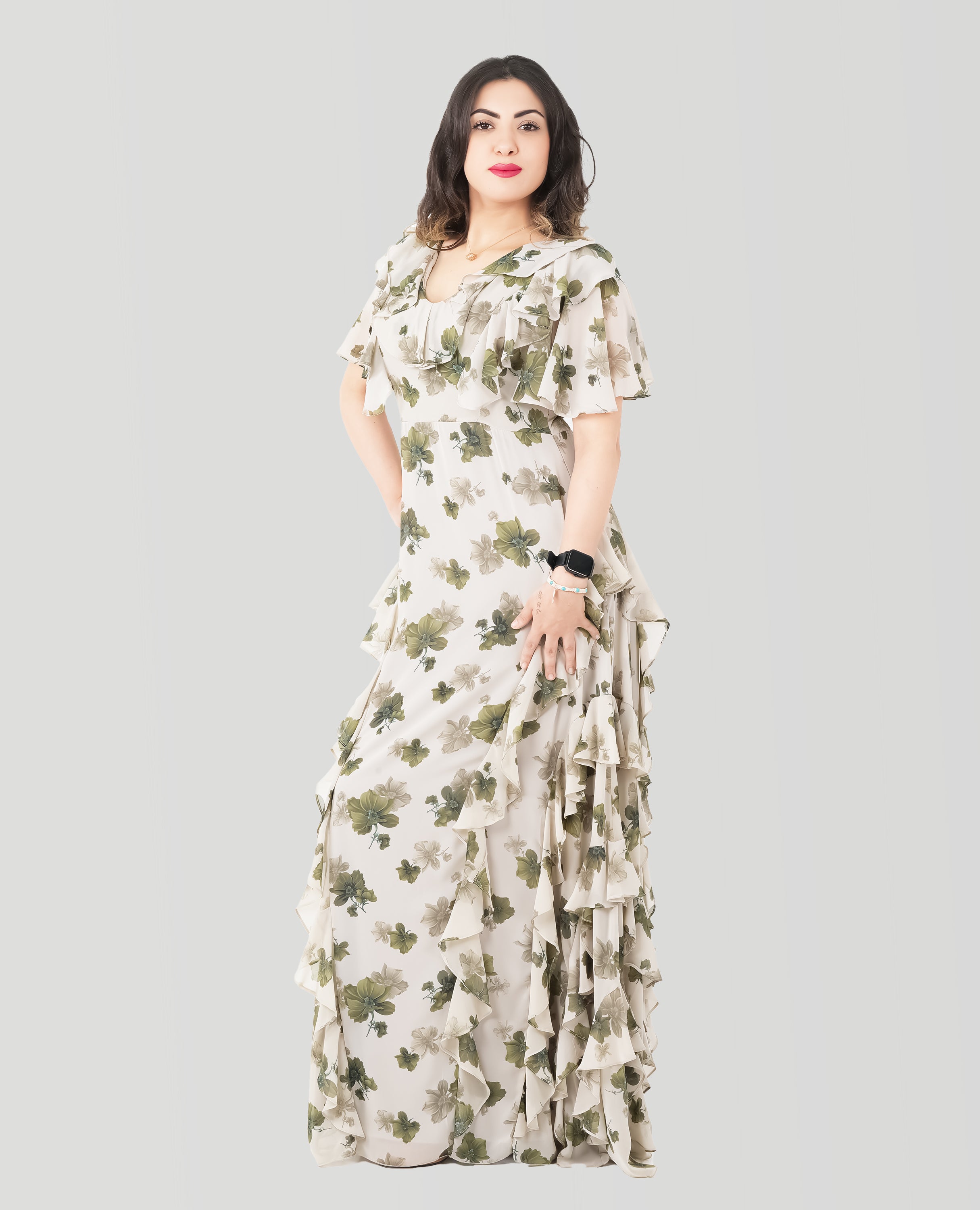 Elegant Floral Ruffle Maxi Dress – Green & Ivory