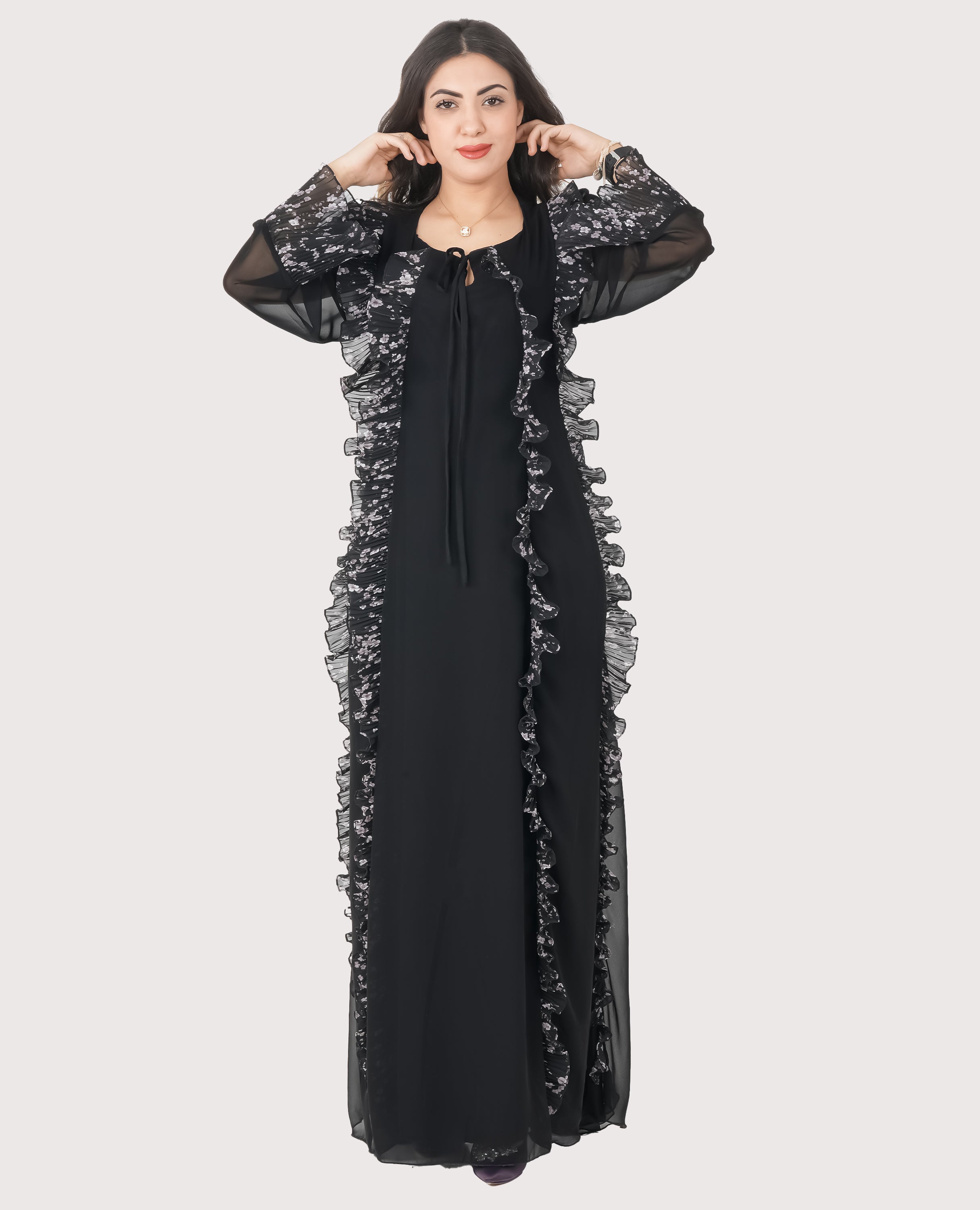 Midnight Ruffle Elegance – Black Chiffon Maxi Dress