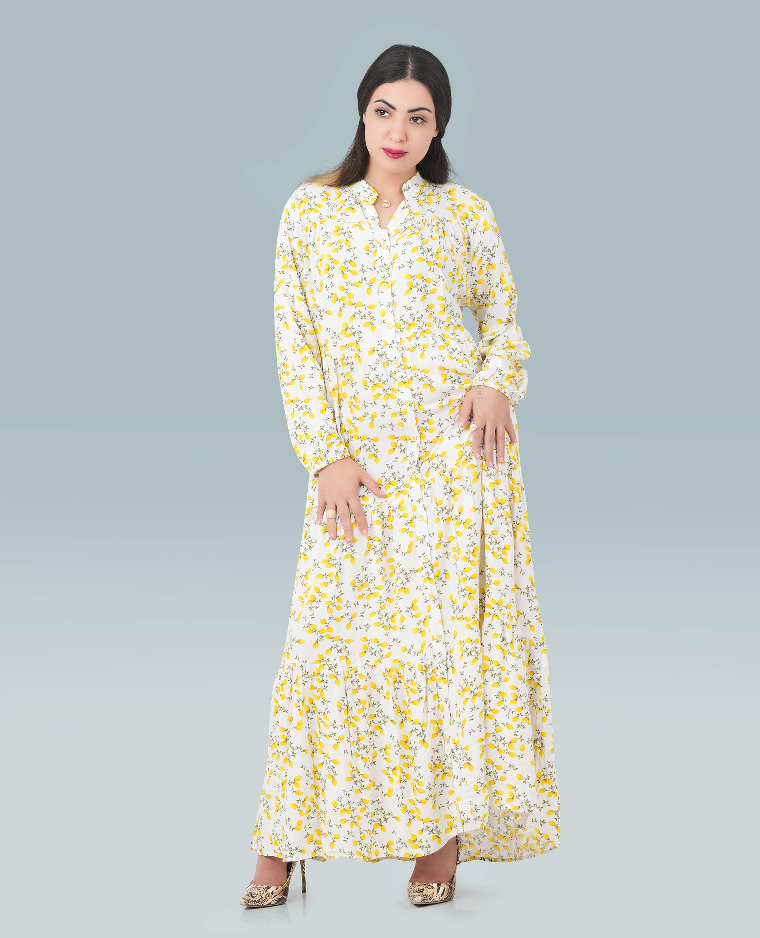 Women Lemon Print Button Down Dress - Finelook FineLook Women Lemon Print Button Down Dress - Finelook FineLook