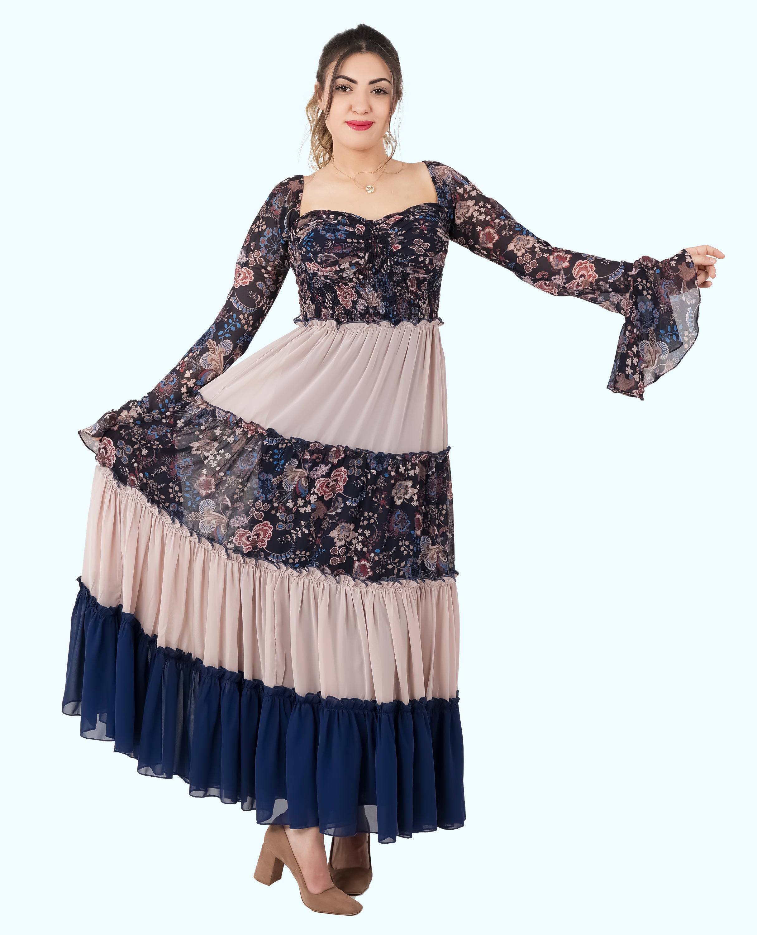 Boho Chic Tiered Maxi Dress – Floral & Colorblock