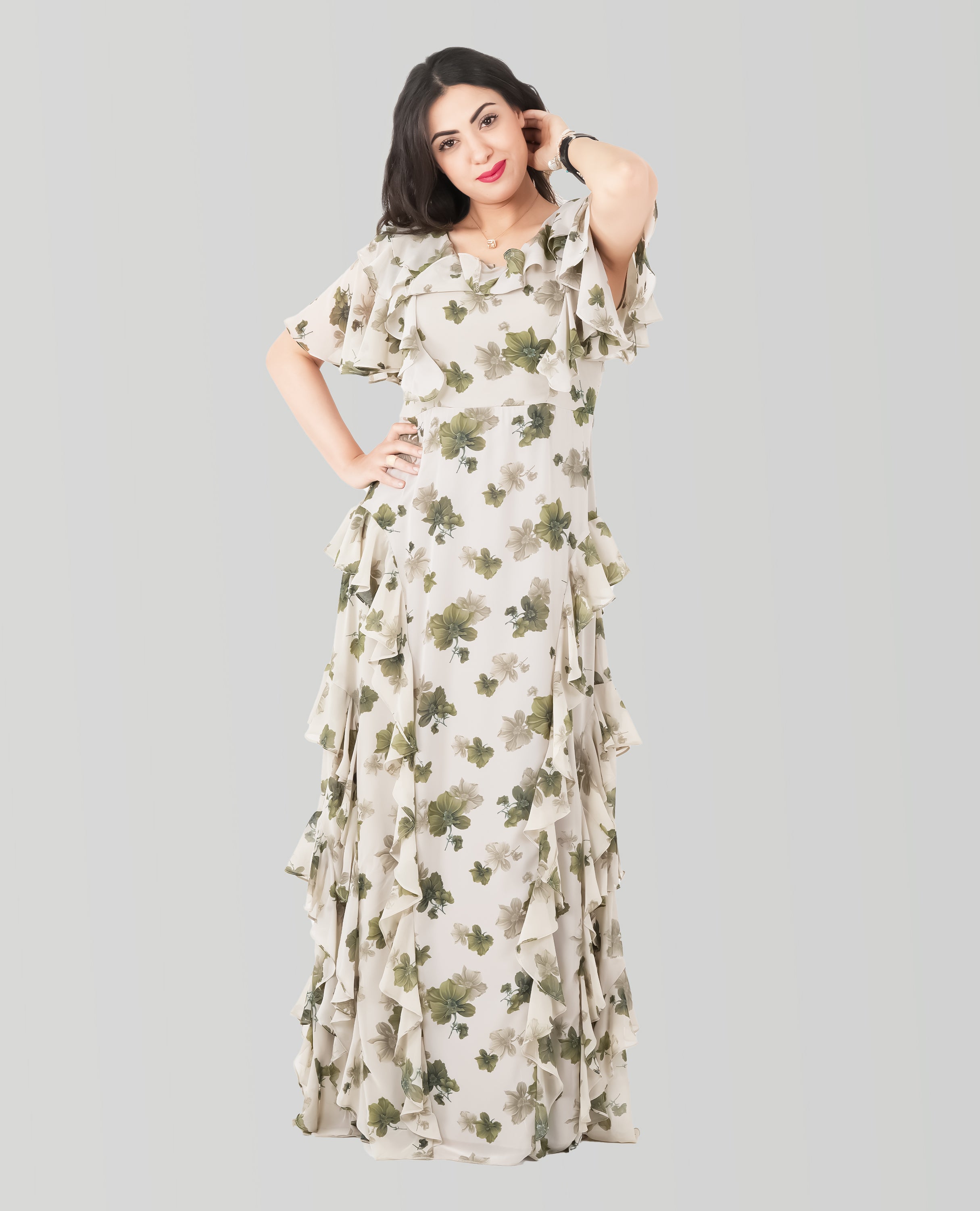 Elegant Floral Ruffle Maxi Dress – Green & Ivory