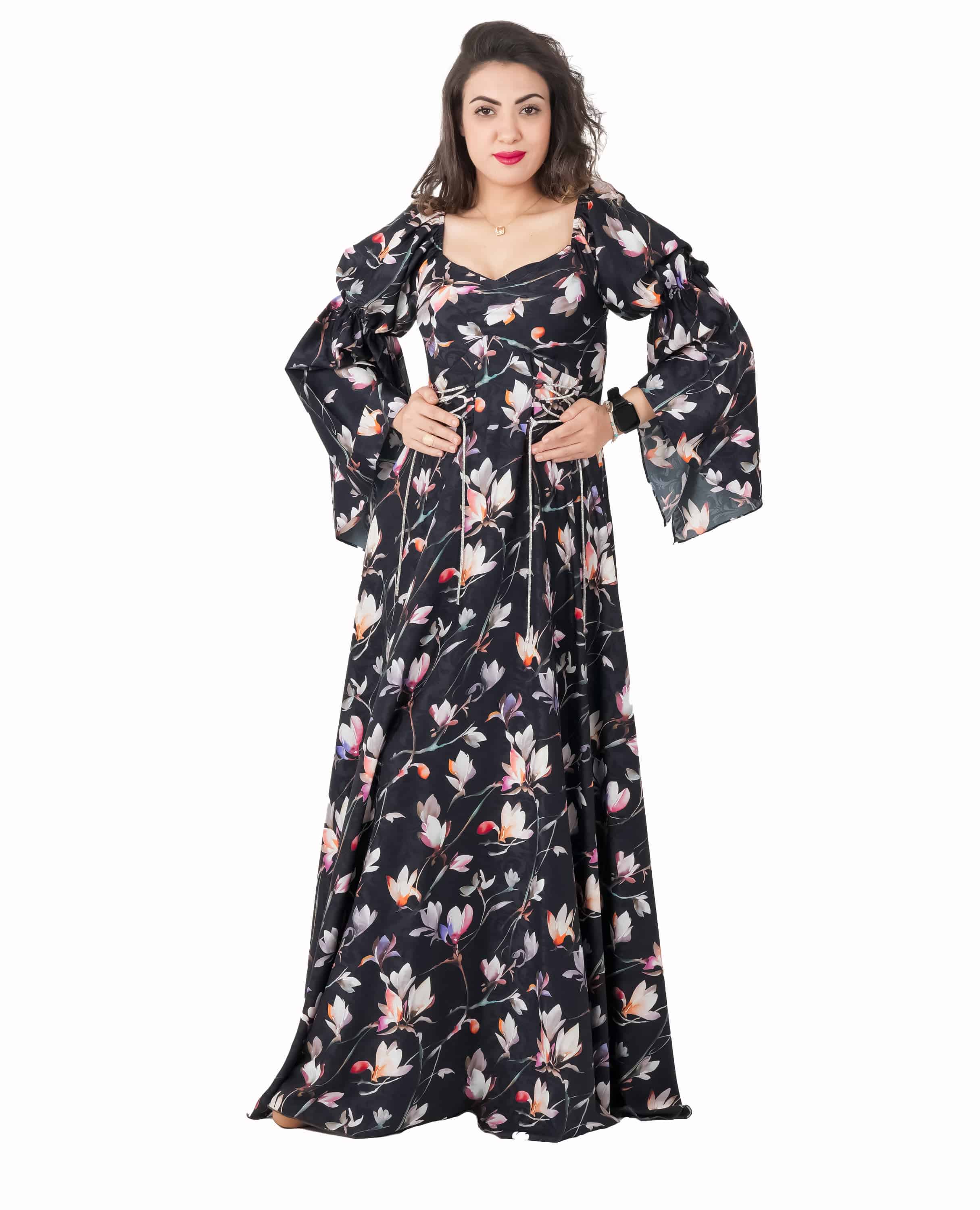 black flowy dress long sleeve Midnight Bloom Flowy Maxi Dress – Black Floral Elegance – FineLook