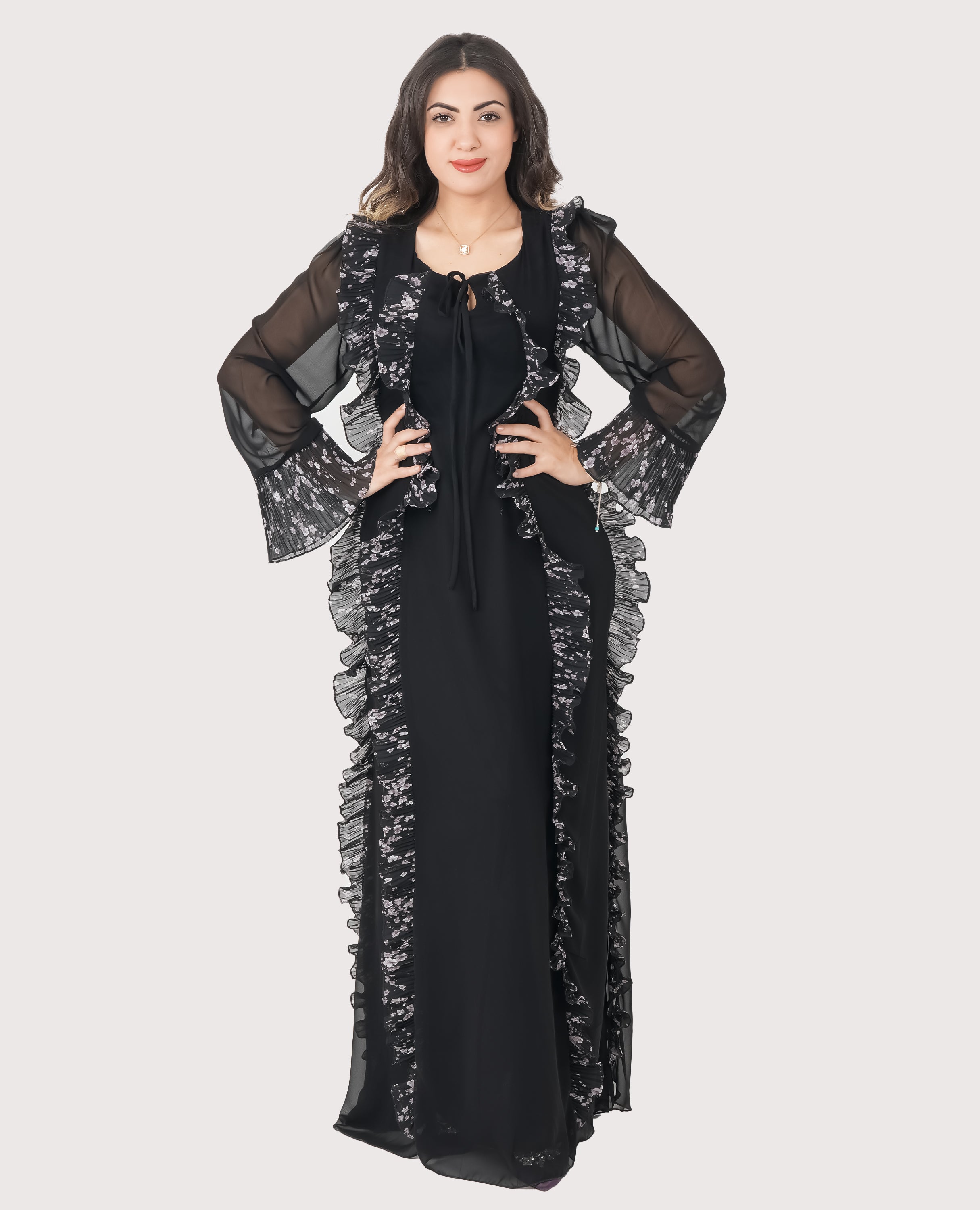 Midnight Ruffle Elegance – Black Chiffon Maxi Dress