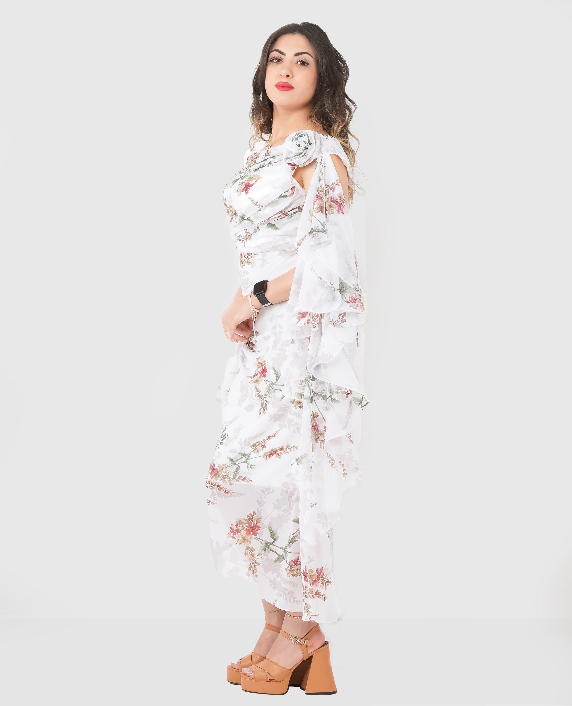 Elegant Floral Ruffle Maxi Dress – White & Pink