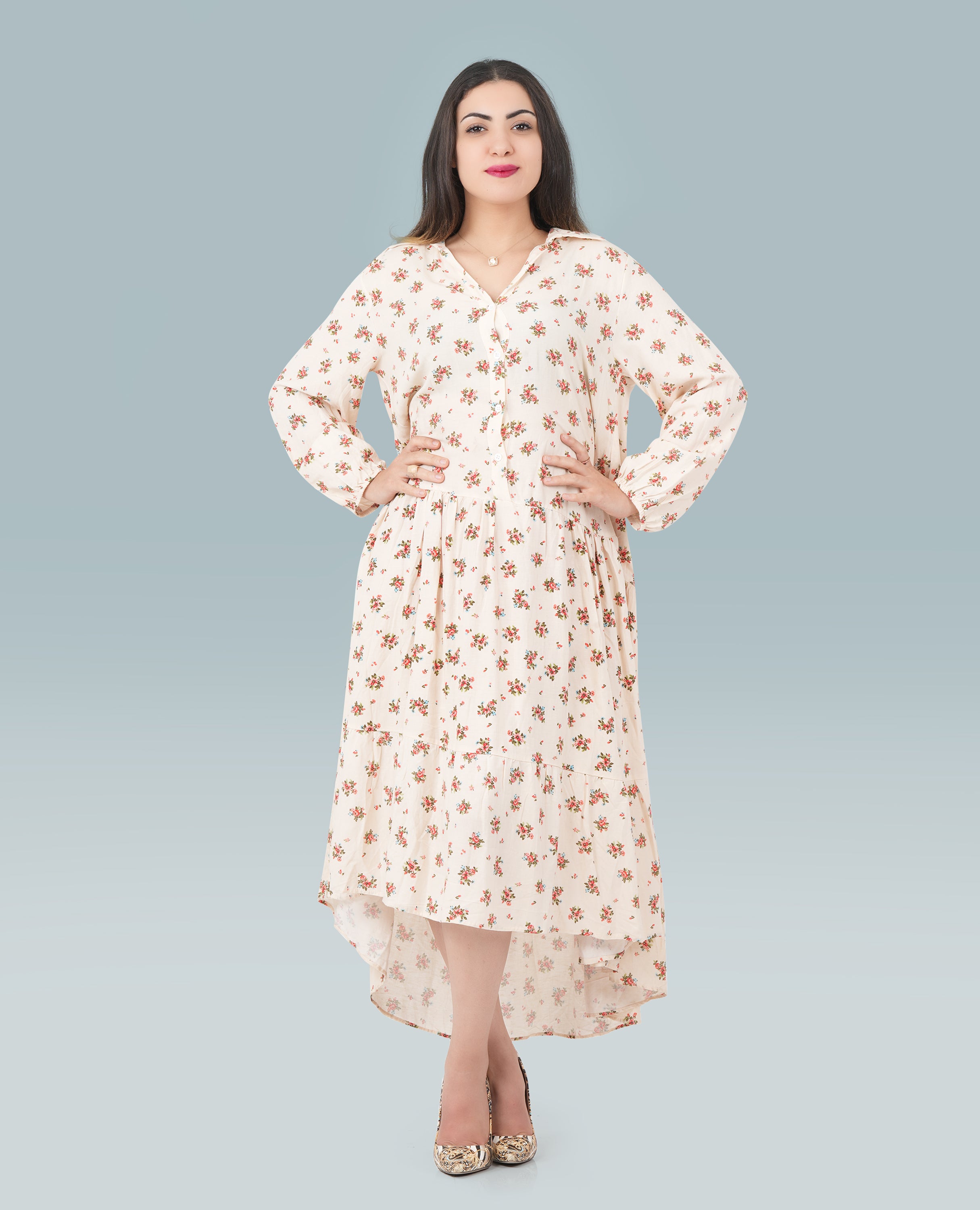 Floral Dress V-Neck Collar Dress - Finelook - FineLook