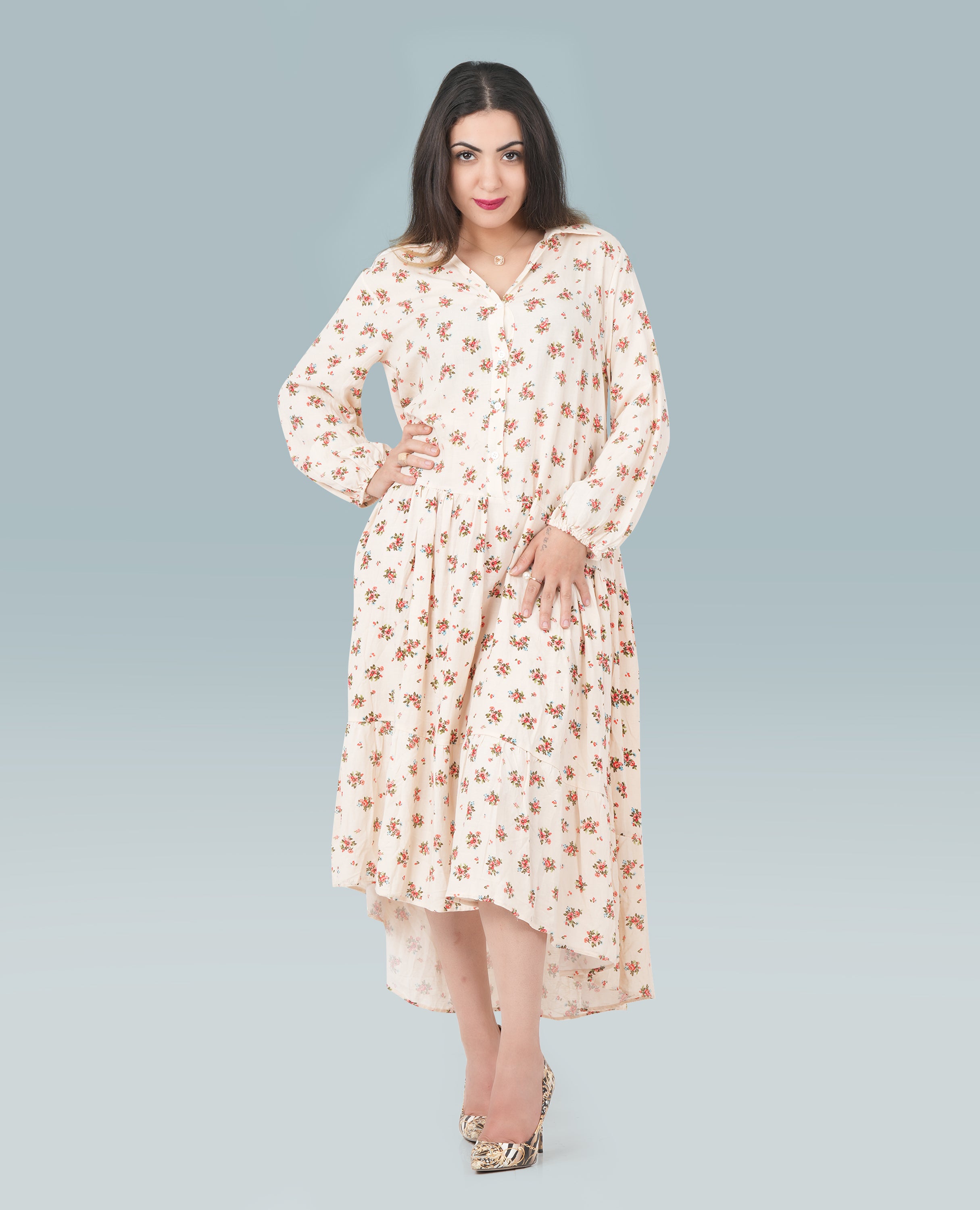 Floral Dress V-Neck Collar Dress - Finelook - FineLook