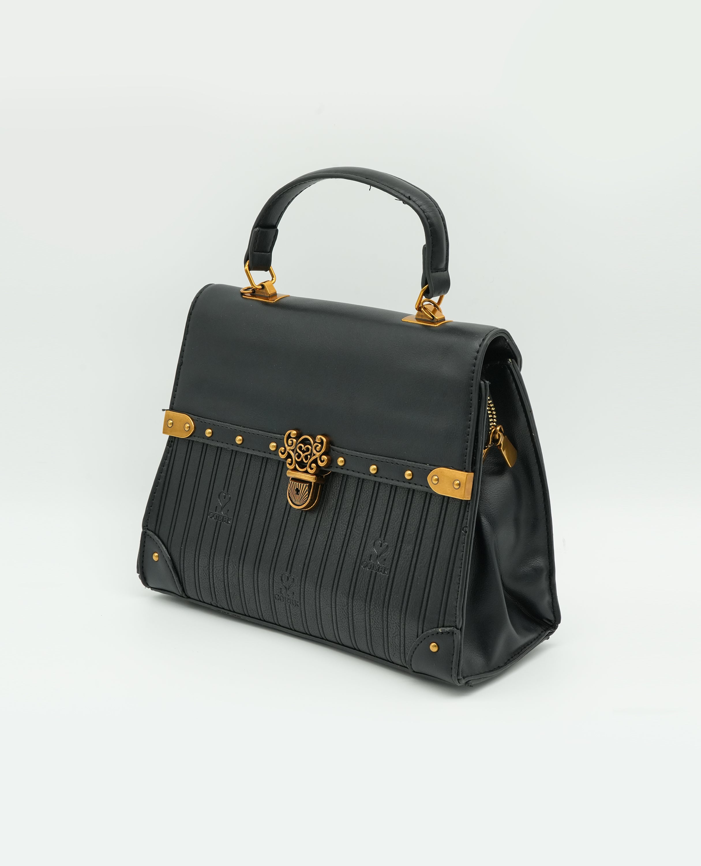 Vintage-Inspired Faux Leather Handbag – Elegant Satchel Purse with Gold Accents - FineLook