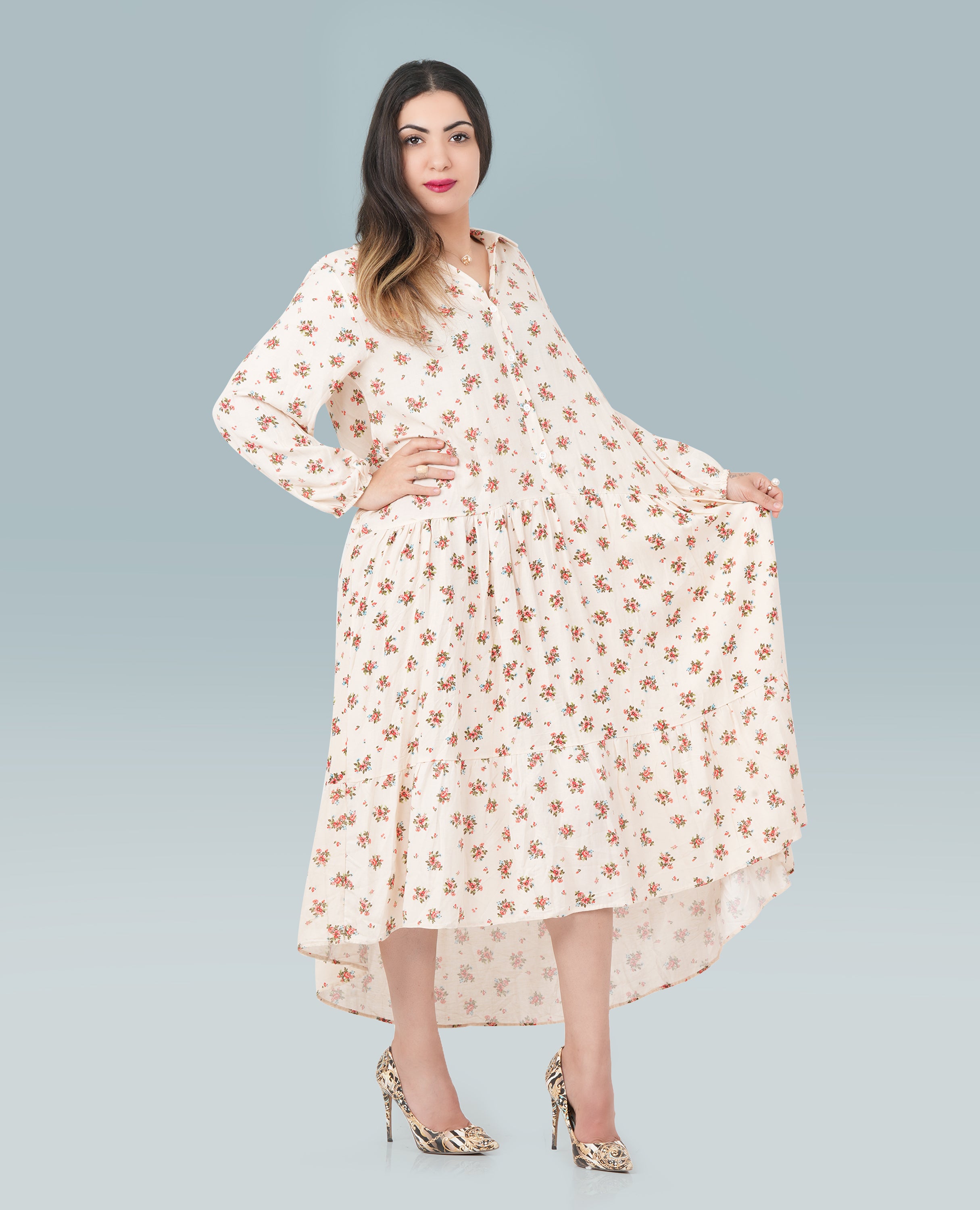 Floral Dress V-Neck Collar Dress - Finelook