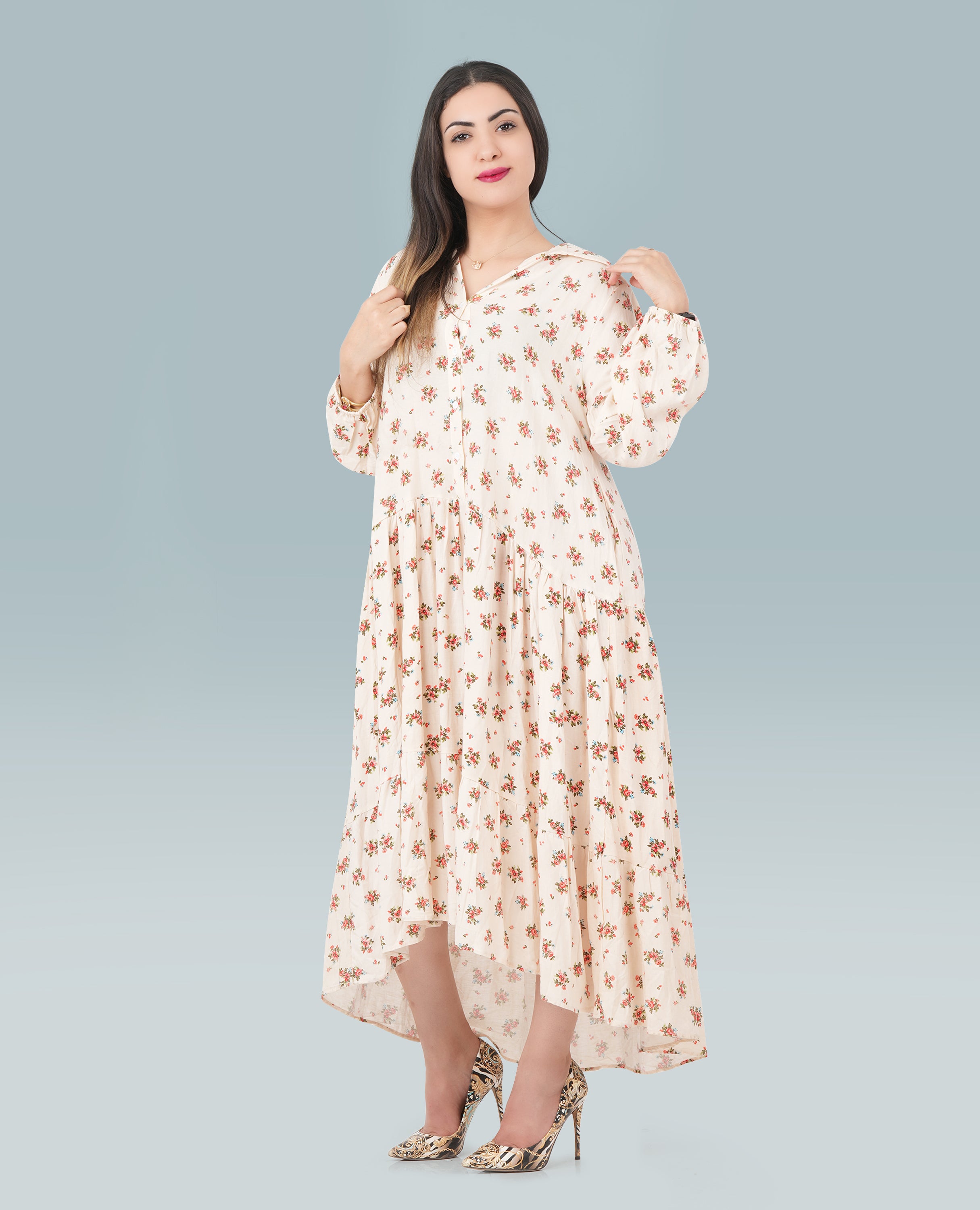 Floral Dress V-Neck Collar Dress - Finelook