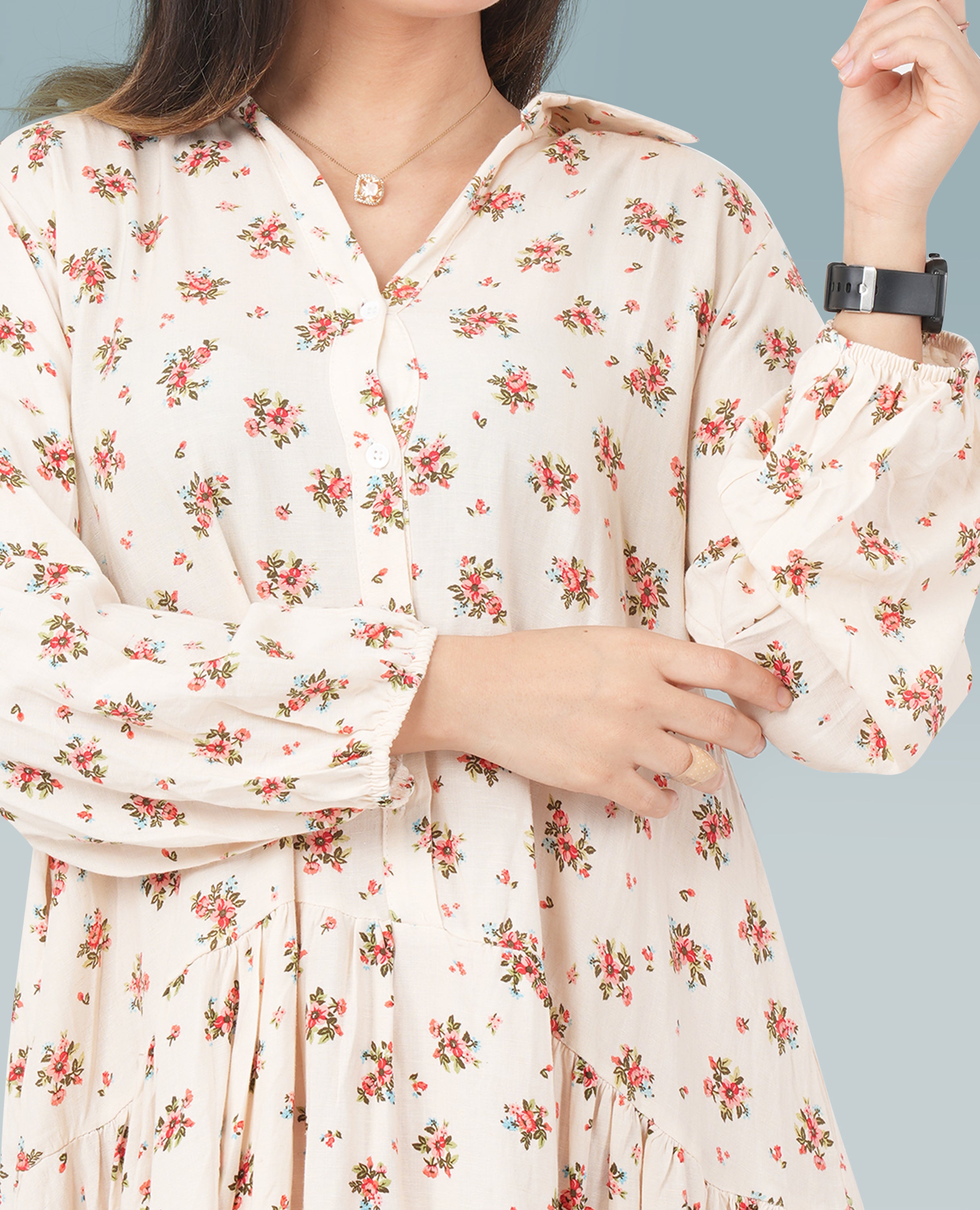 Floral Dress V-Neck Collar Dress - Finelook