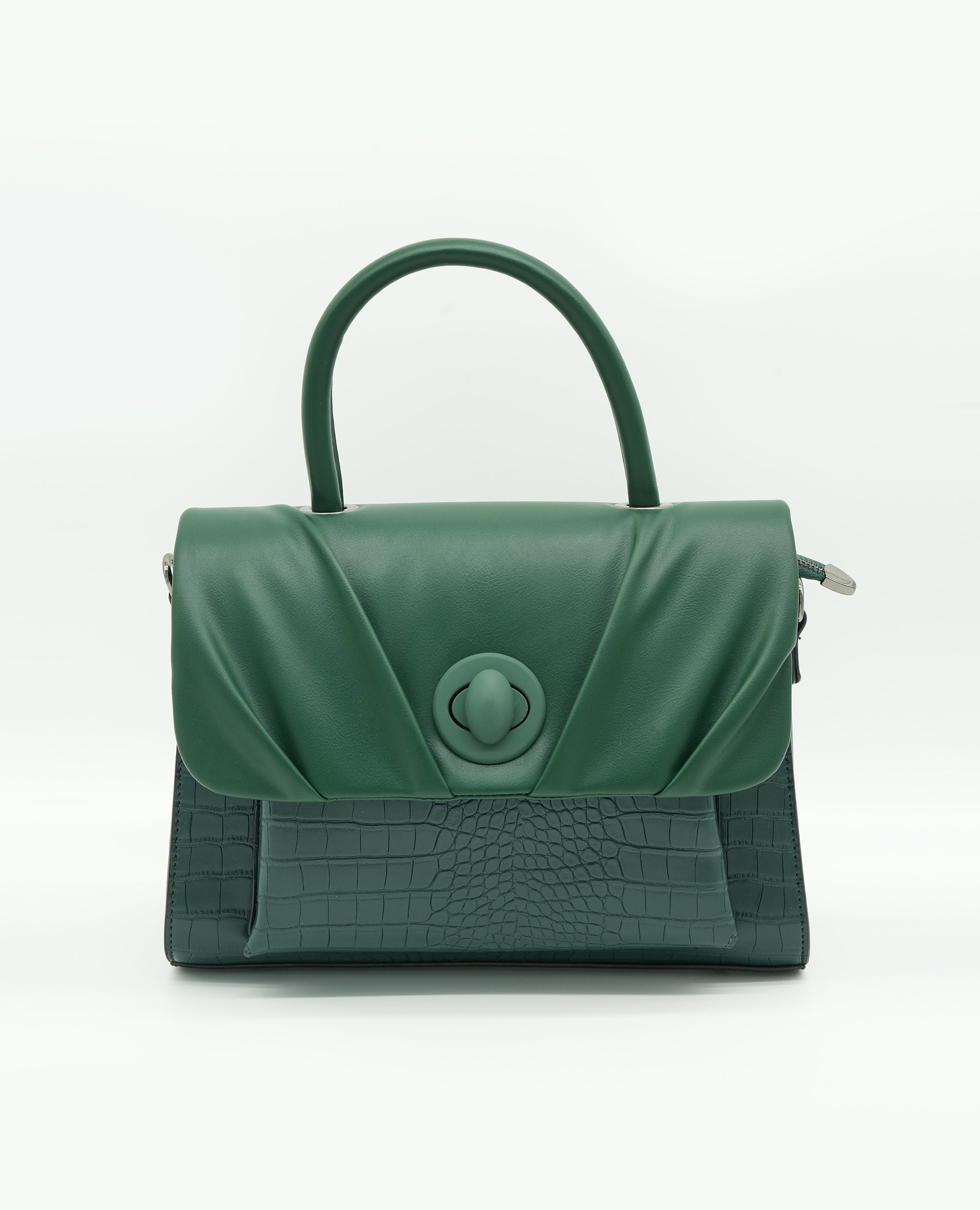 Elegant Croc-Embossed Leather Handbag with Soft Pleated Flap & Turn-Lock Closure