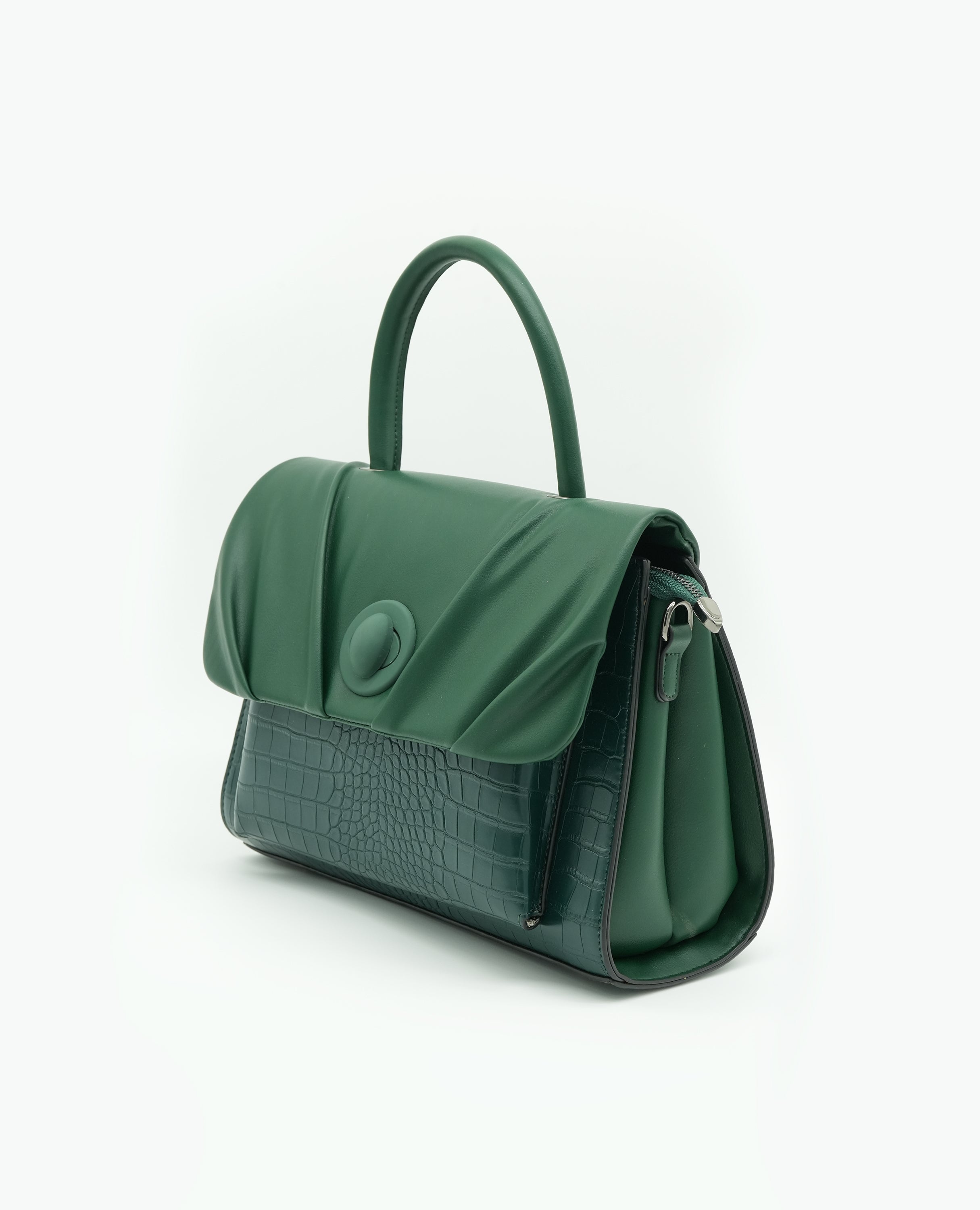 Elegant Croc-Embossed Leather Handbag with Soft Pleated Flap & Turn-Lock Closure