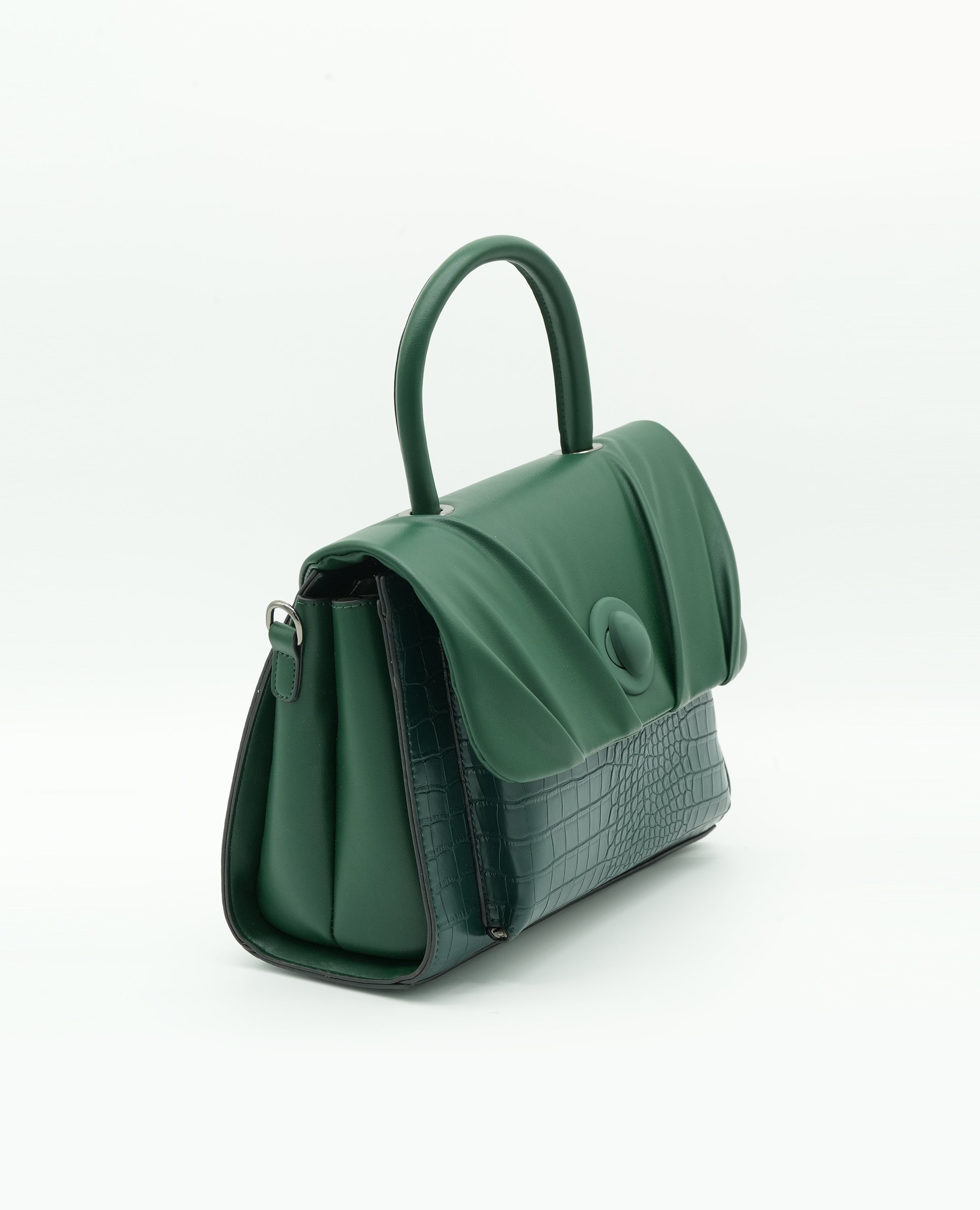 Elegant Croc-Embossed Leather Handbag with Soft Pleated Flap & Turn-Lock Closure