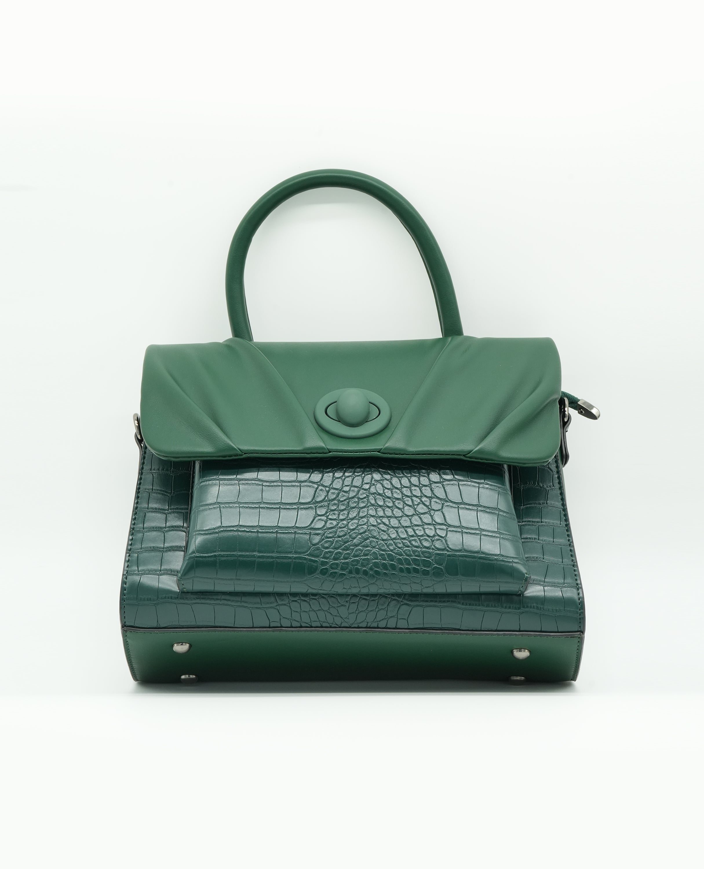 Elegant Croc-Embossed Leather Handbag with Soft Pleated Flap & Turn-Lock Closure