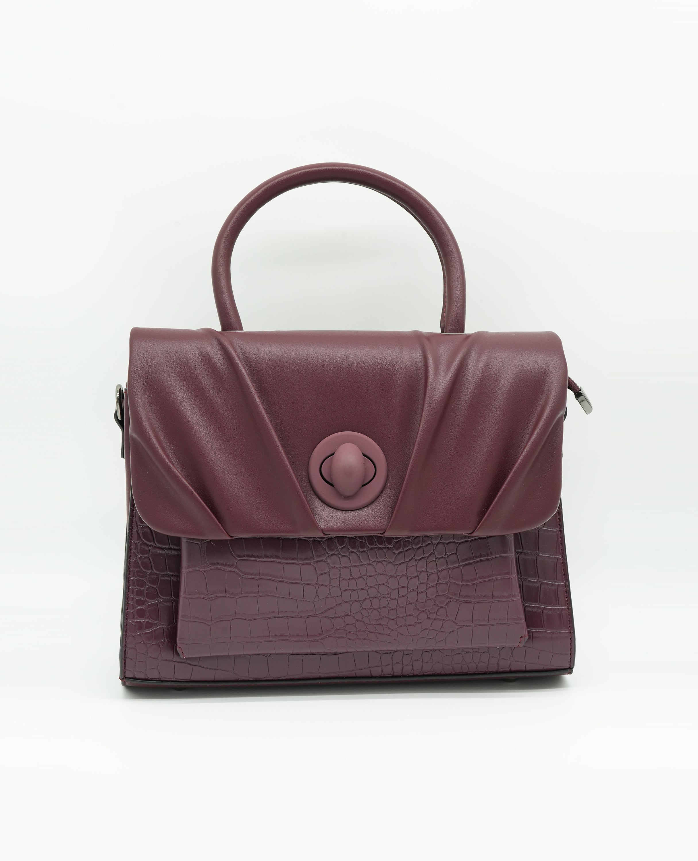 Elegant Croc-Embossed Leather Handbag with Soft Pleated Flap & Turn-Lock Closure