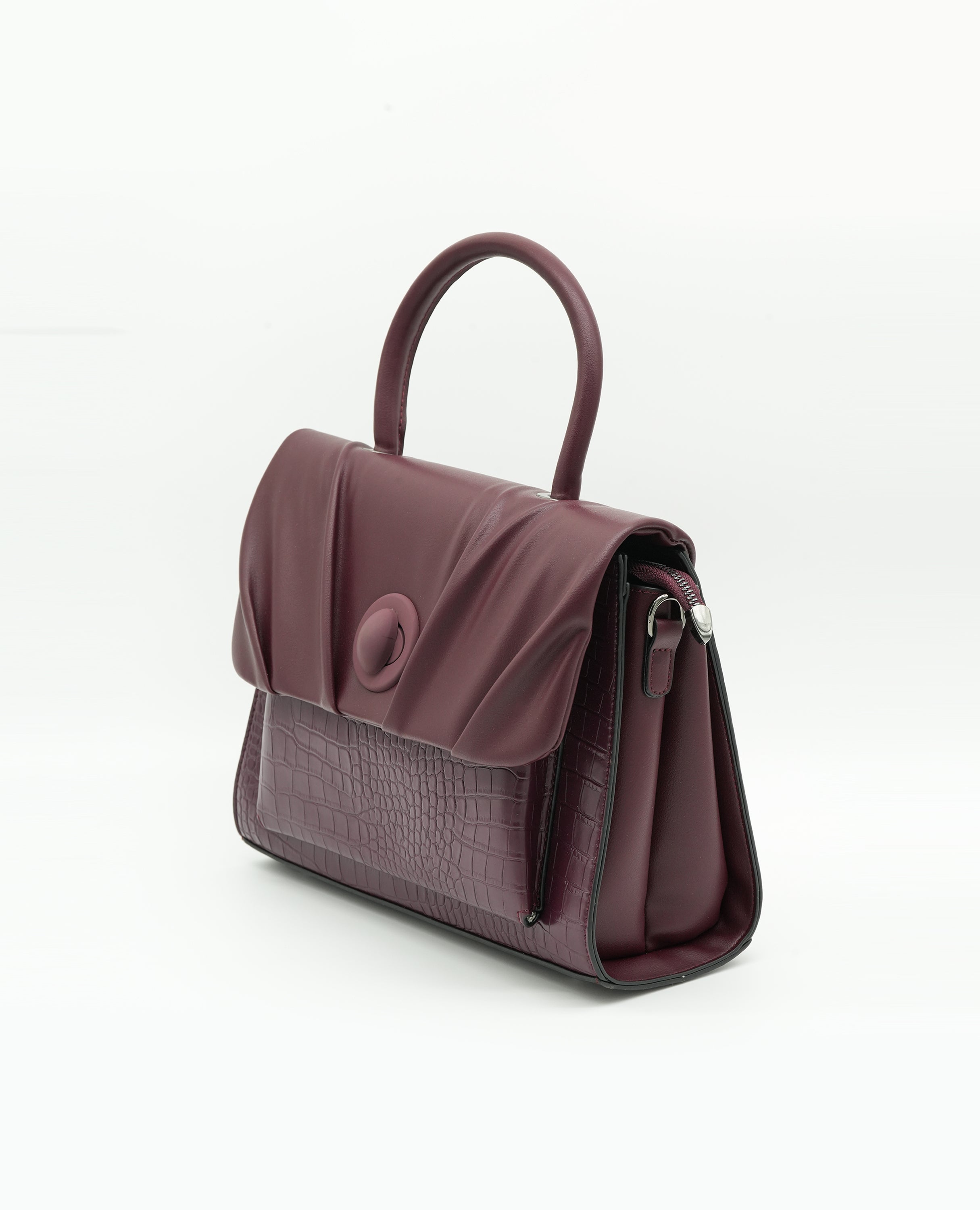 Elegant Croc-Embossed Leather Handbag with Soft Pleated Flap & Turn-Lock Closure