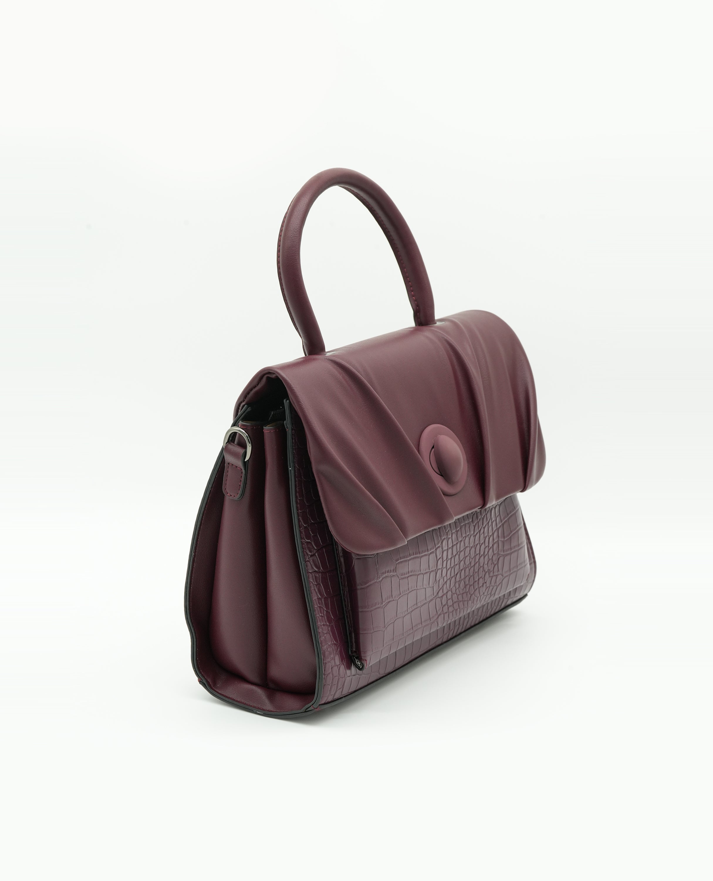 Elegant Croc-Embossed Leather Handbag with Soft Pleated Flap & Turn-Lock Closure