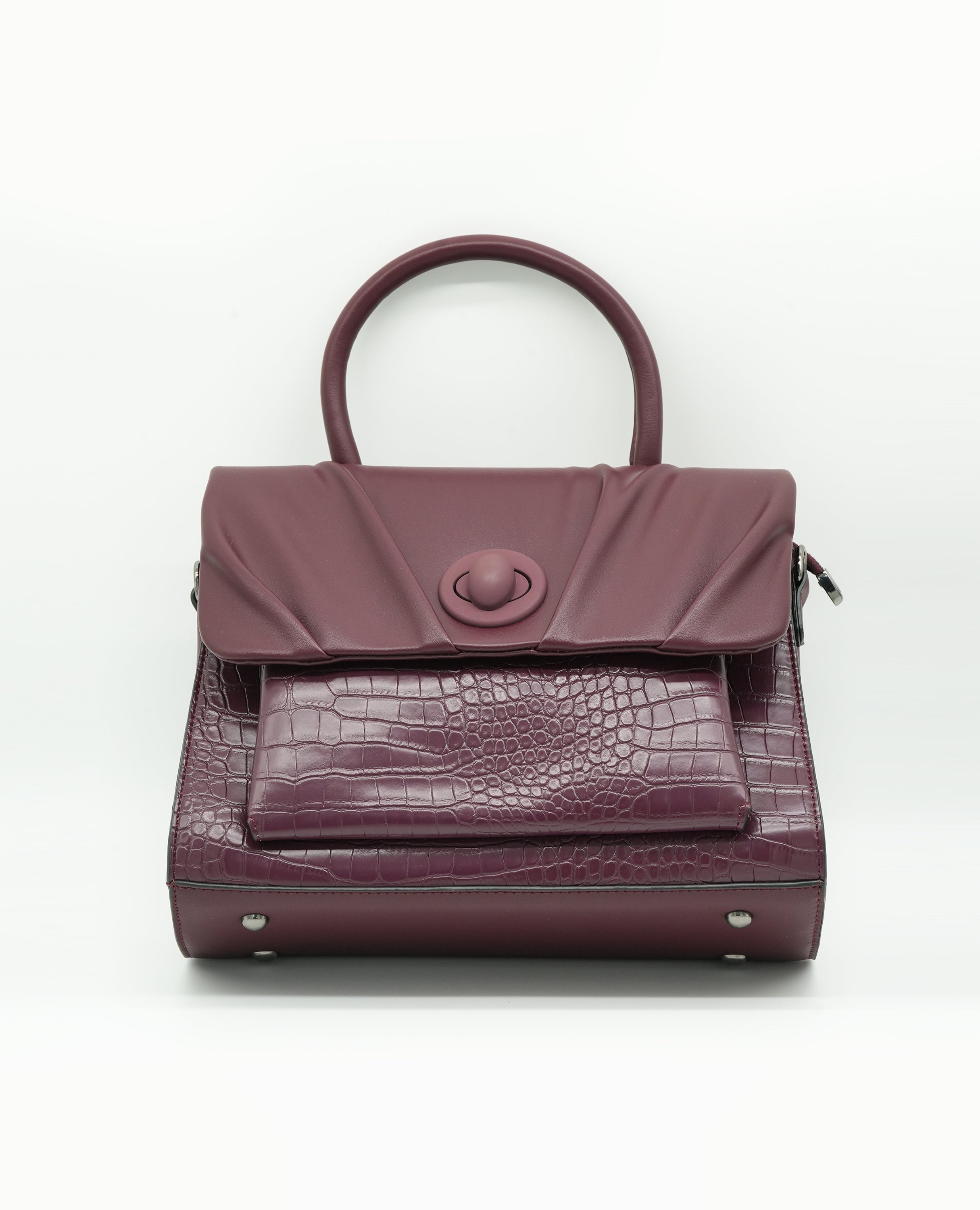 Elegant Croc-Embossed Leather Handbag with Soft Pleated Flap & Turn-Lock Closure