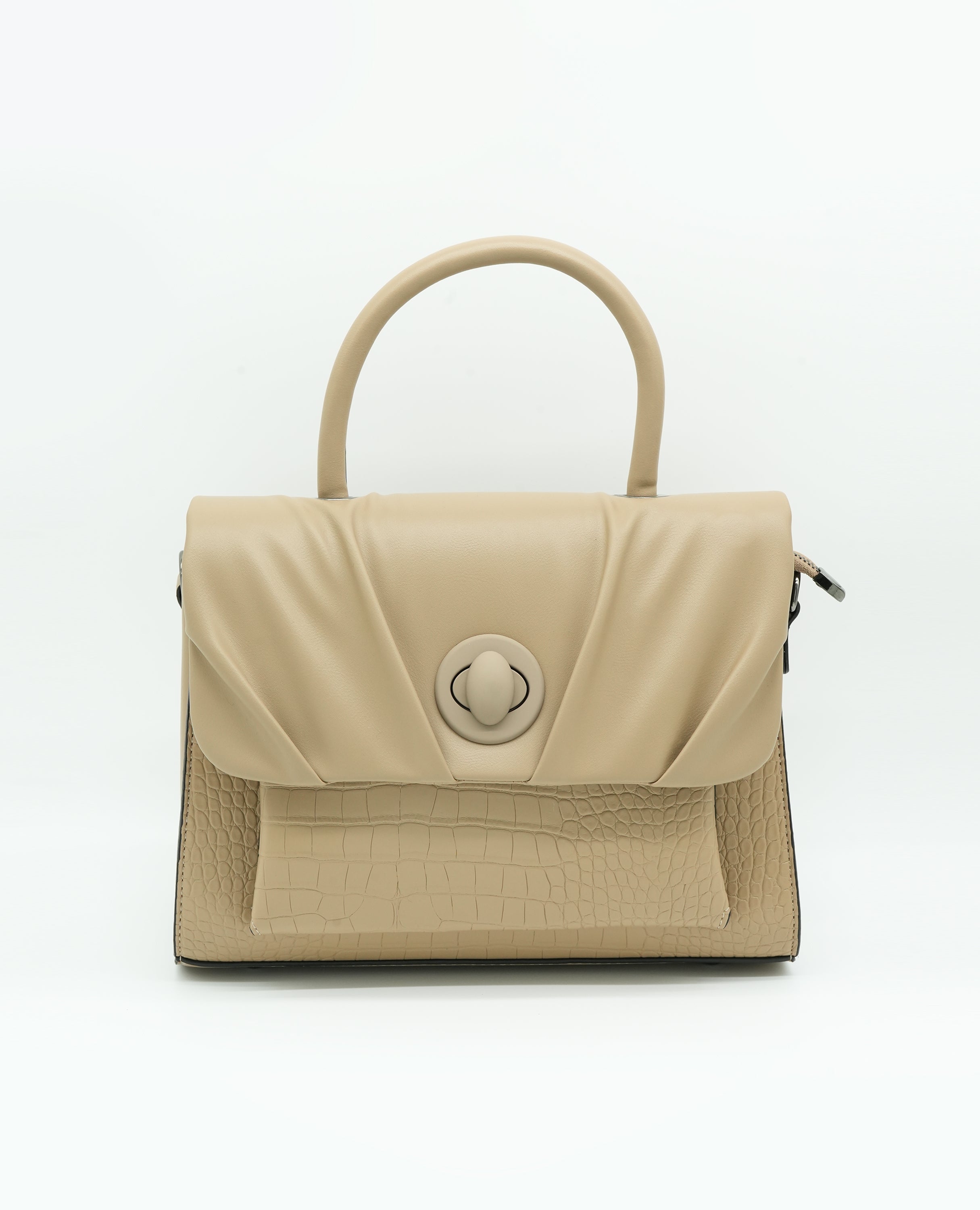 Elegant Croc-Embossed Leather Handbag with Soft Pleated Flap & Turn-Lock Closure