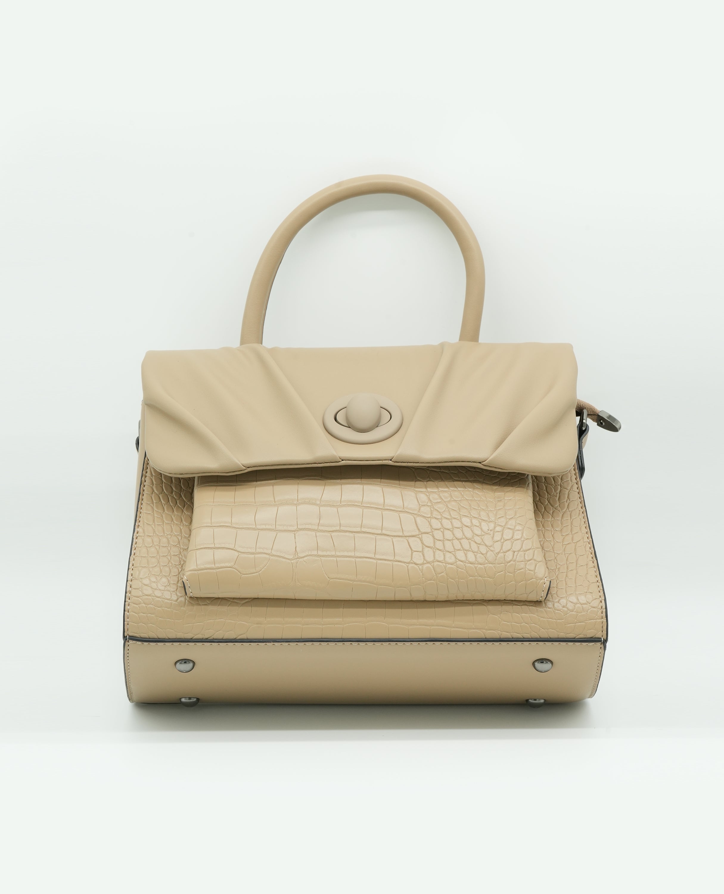 Elegant Croc-Embossed Leather Handbag with Soft Pleated Flap & Turn-Lock Closure