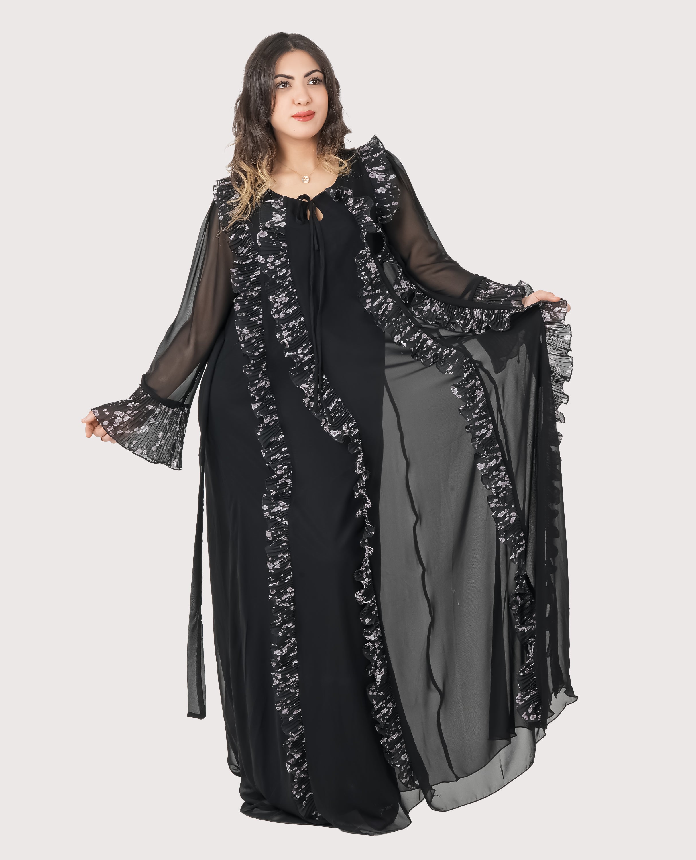 Midnight Ruffle Elegance – Black Chiffon Maxi Dress