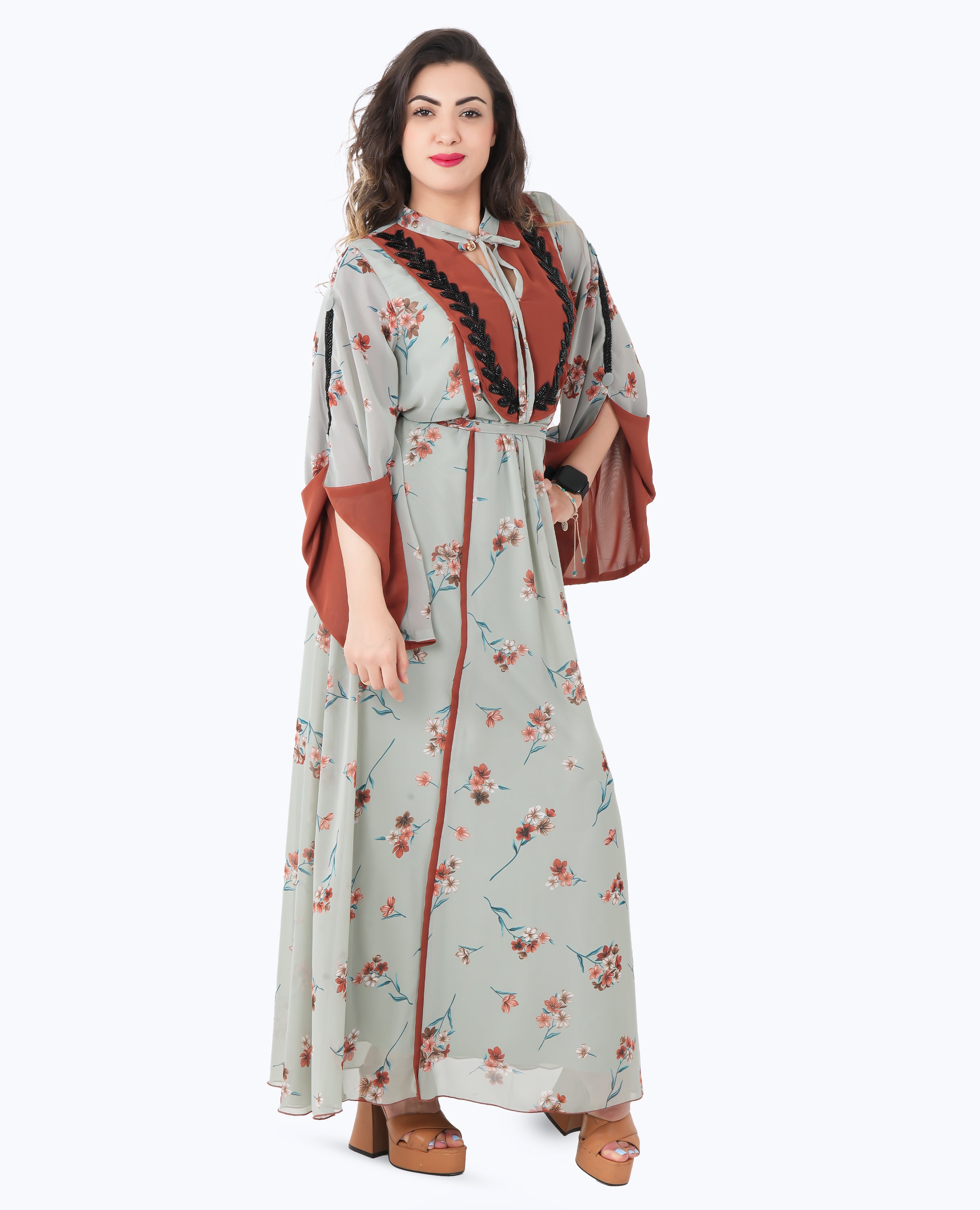 Vintage Boho Embroidered Maxi Dress – Sage Green & Rust