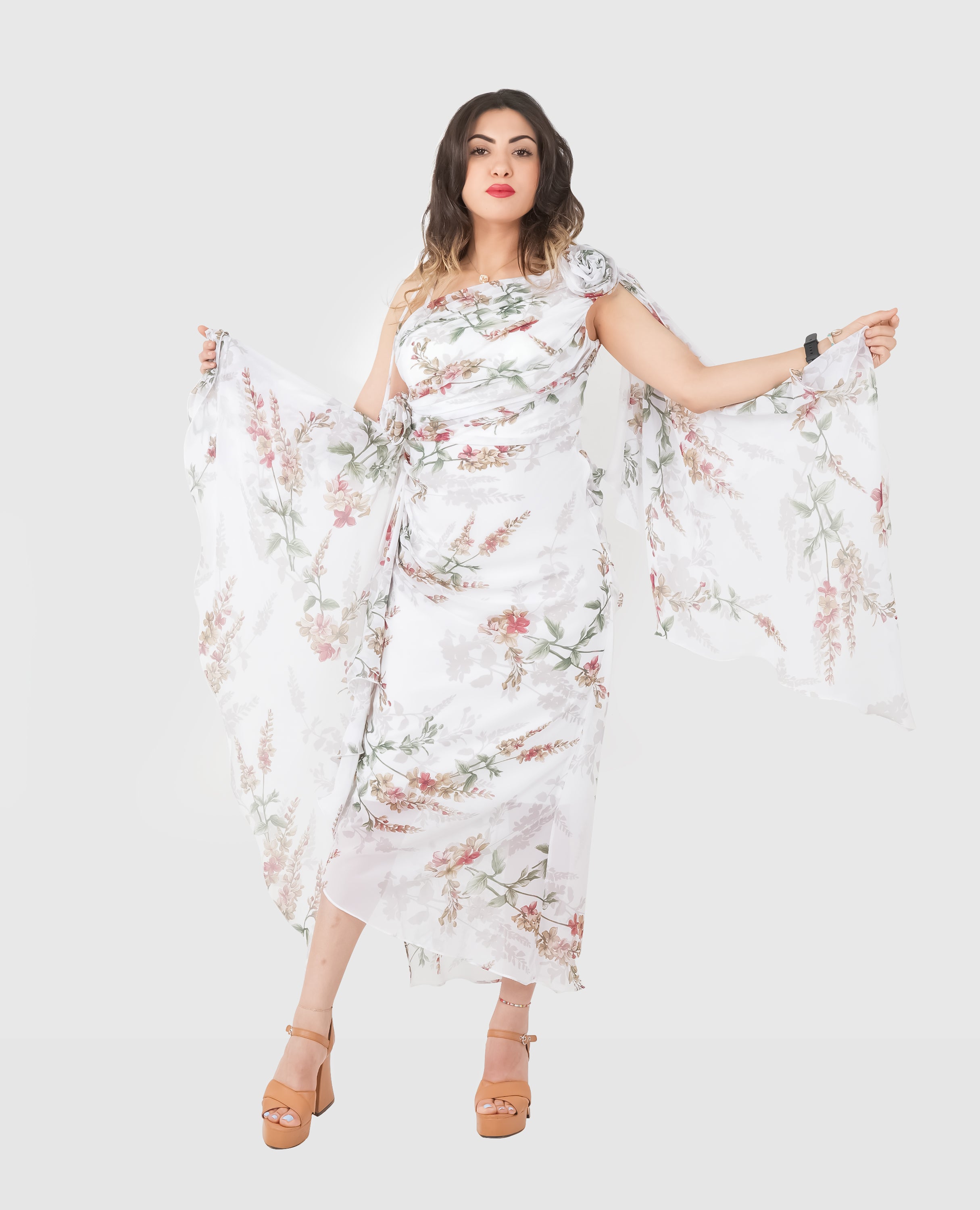 Elegant Floral Ruffle Maxi Dress – White & Pink