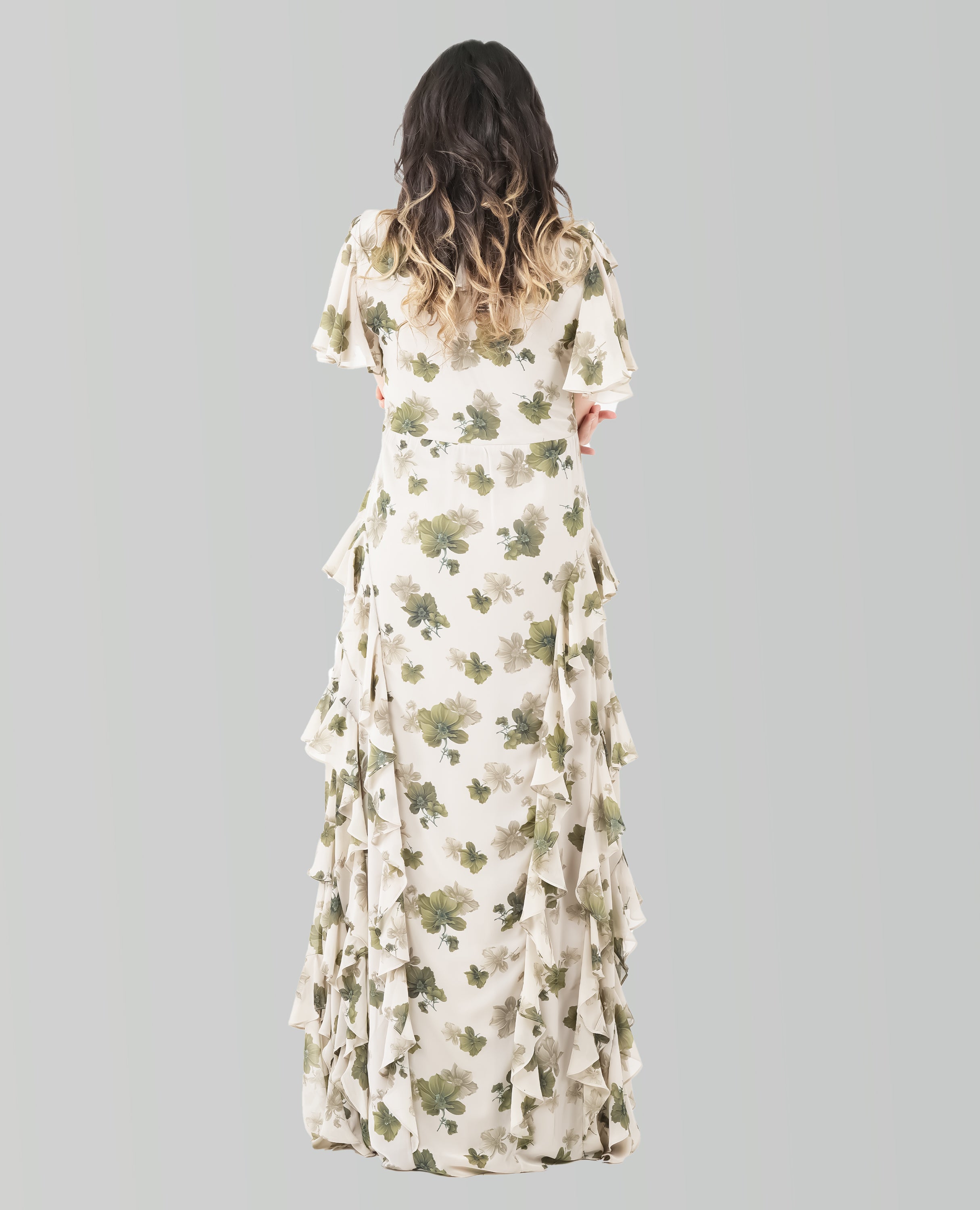 Elegant Floral Ruffle Maxi Dress – Green & Ivory