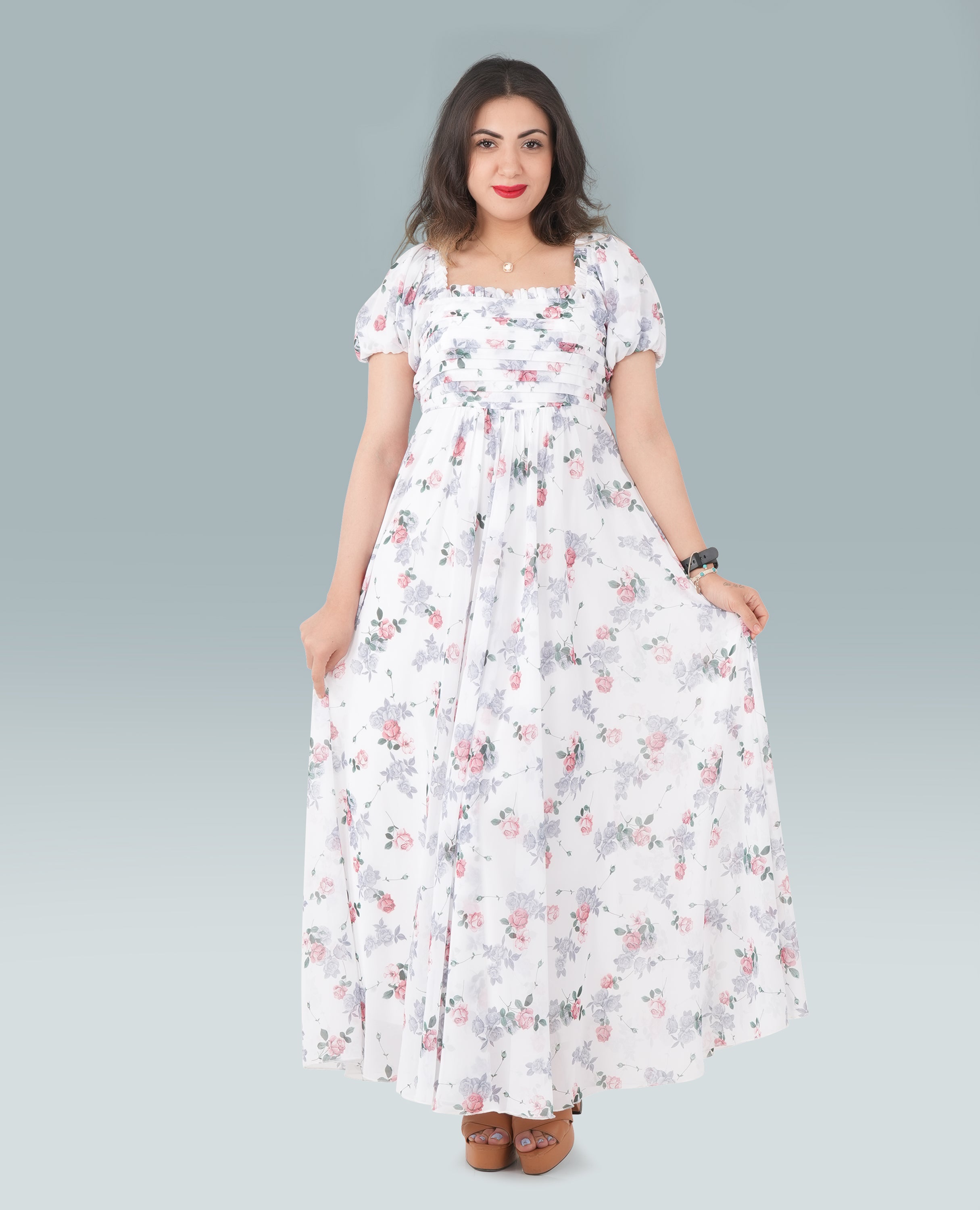 FineLook Women's Floral Print Puff Sleeve Maxi Dress – Elegant Square Neck Flowy Gown