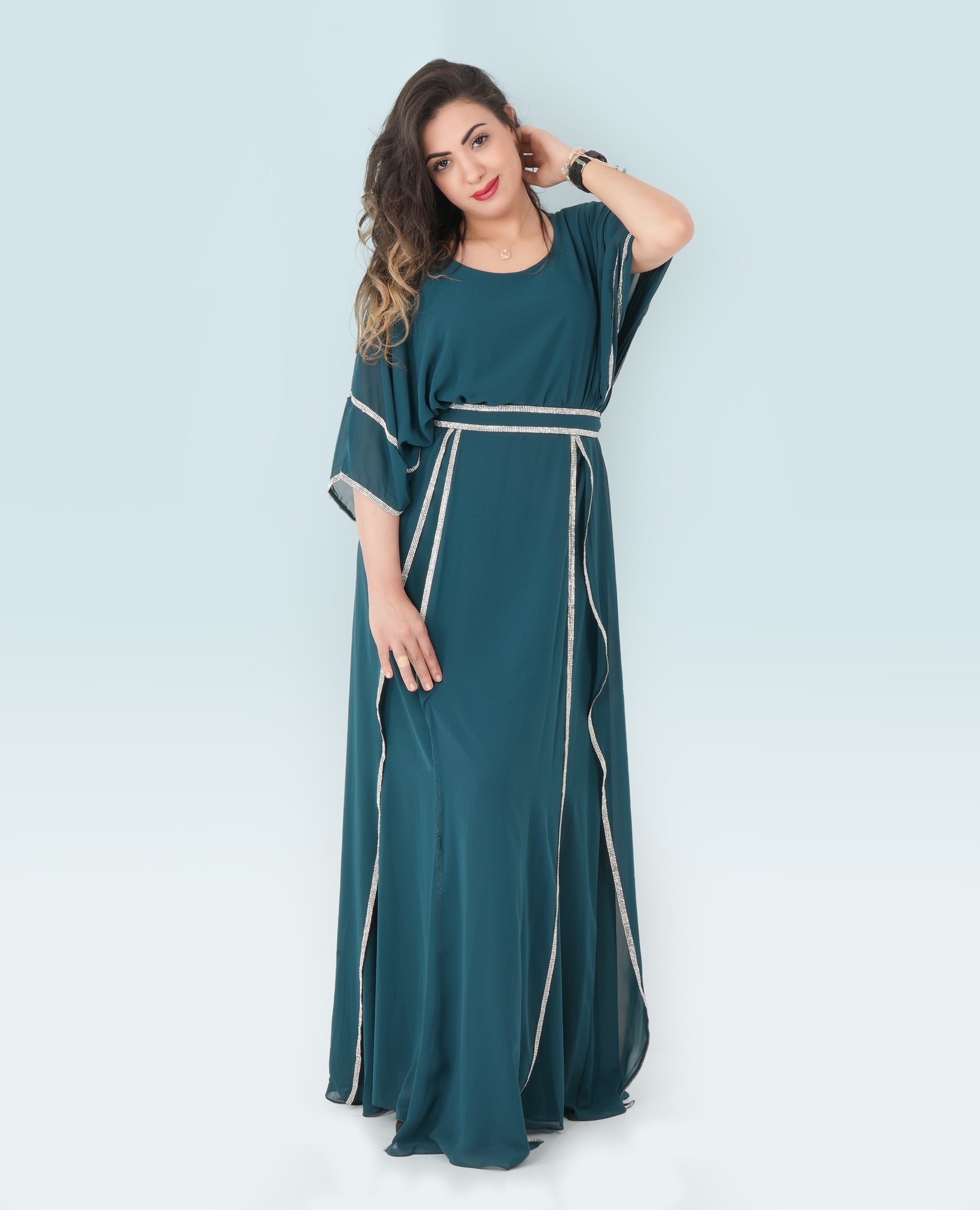 Teal Kaftan Maxi Dress with Silver Trim – Elegant Flowing Evening Gown