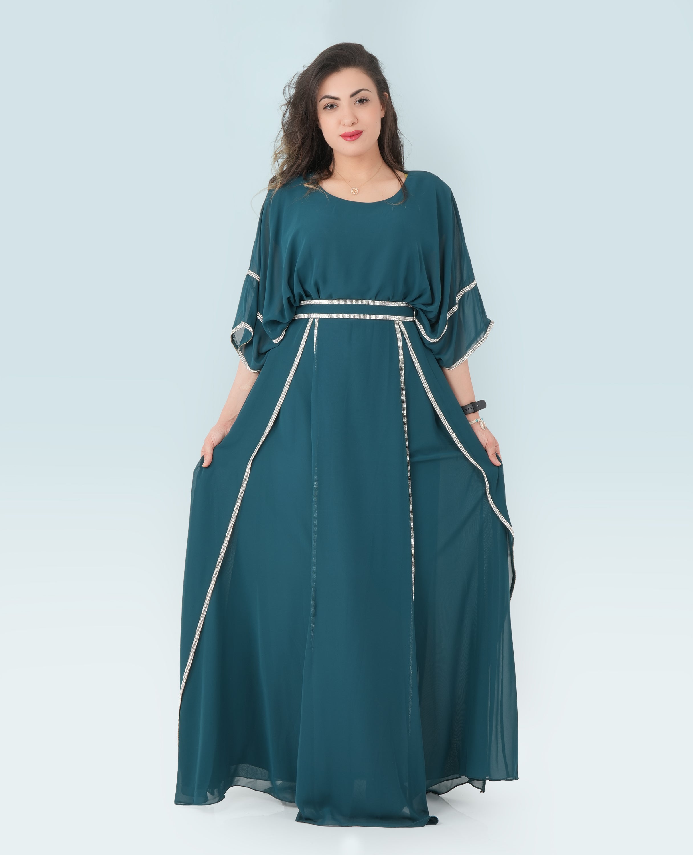 Teal Kaftan Maxi Dress with Silver Trim – Elegant Flowing Evening Gown - FineLook