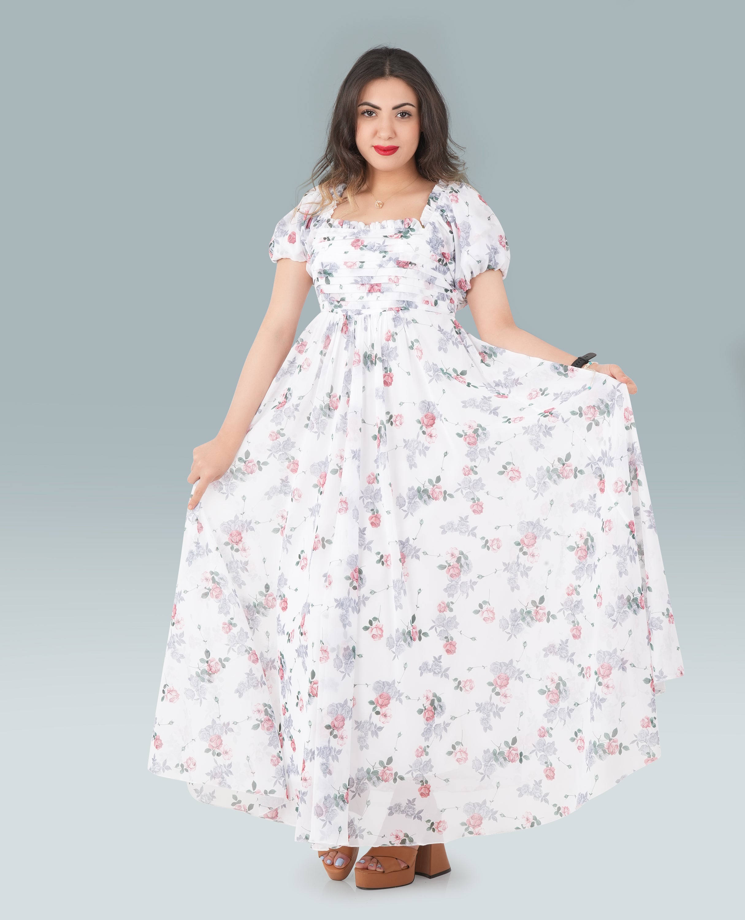 FineLook Women's Floral Print Puff Sleeve Maxi Dress – Elegant Square Neck Flowy Gown