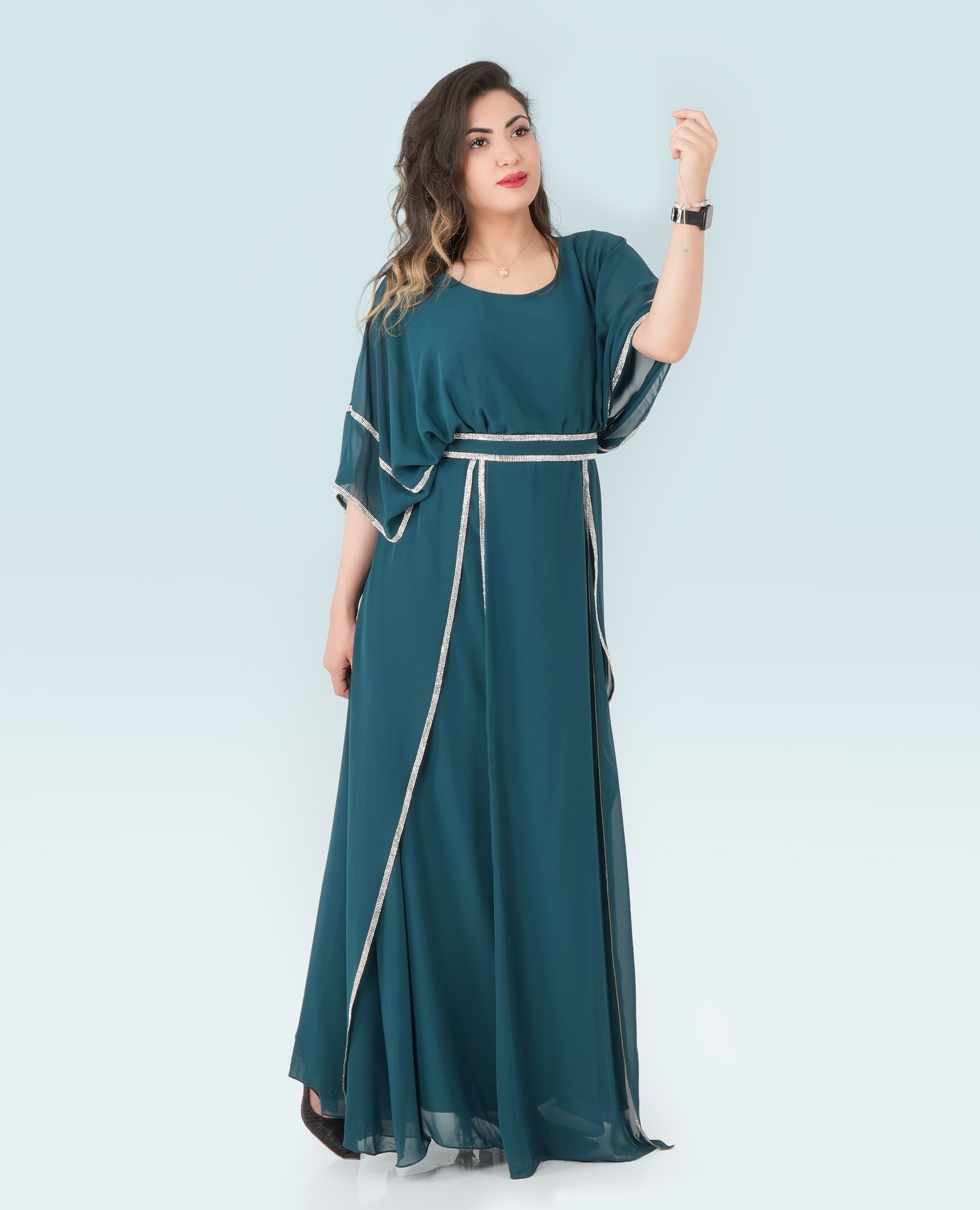 Teal Kaftan Maxi Dress with Silver Trim – Elegant Flowing Evening Gown