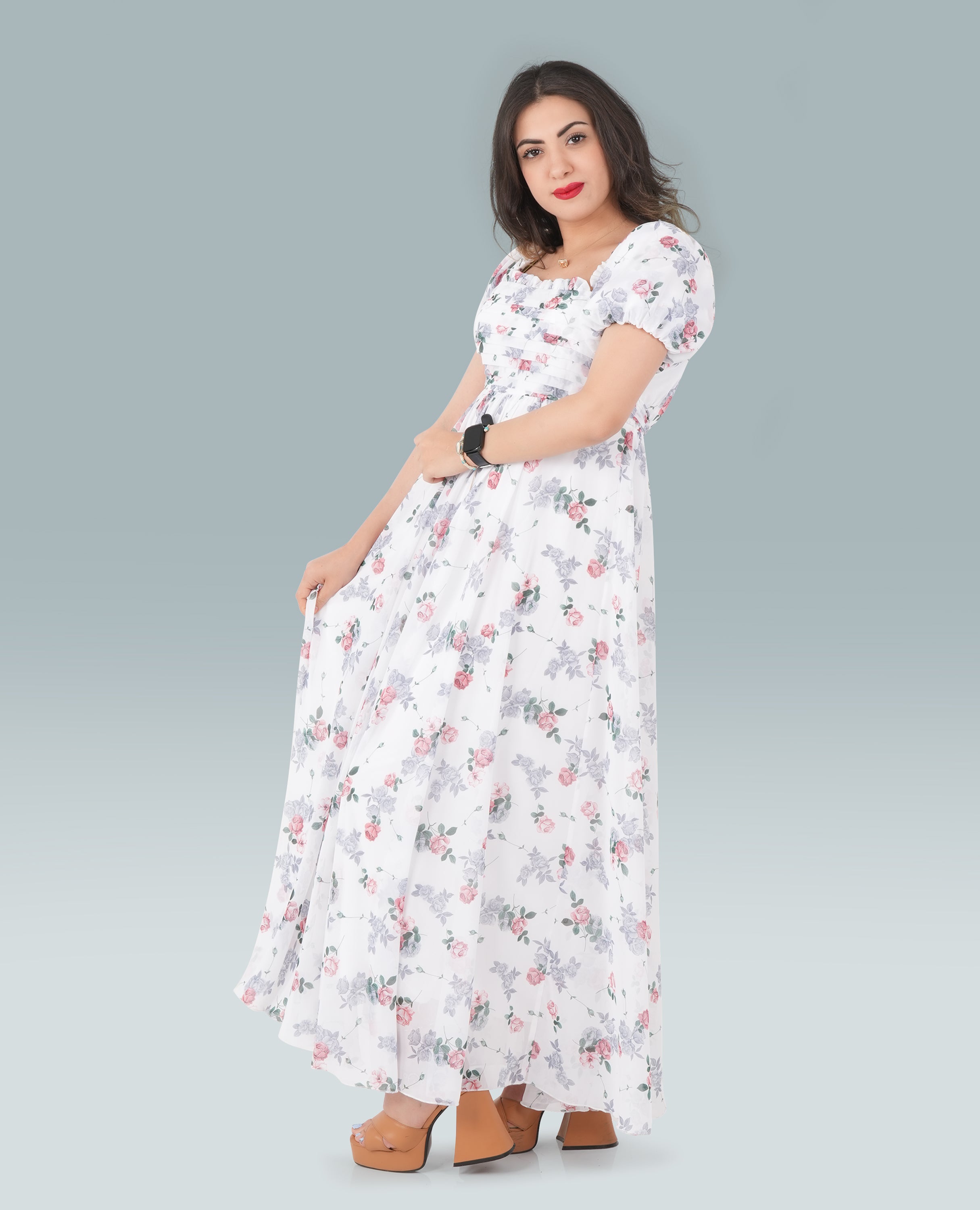 FineLook Women's Floral Print Puff Sleeve Maxi Dress – Elegant Square Neck Flowy Gown