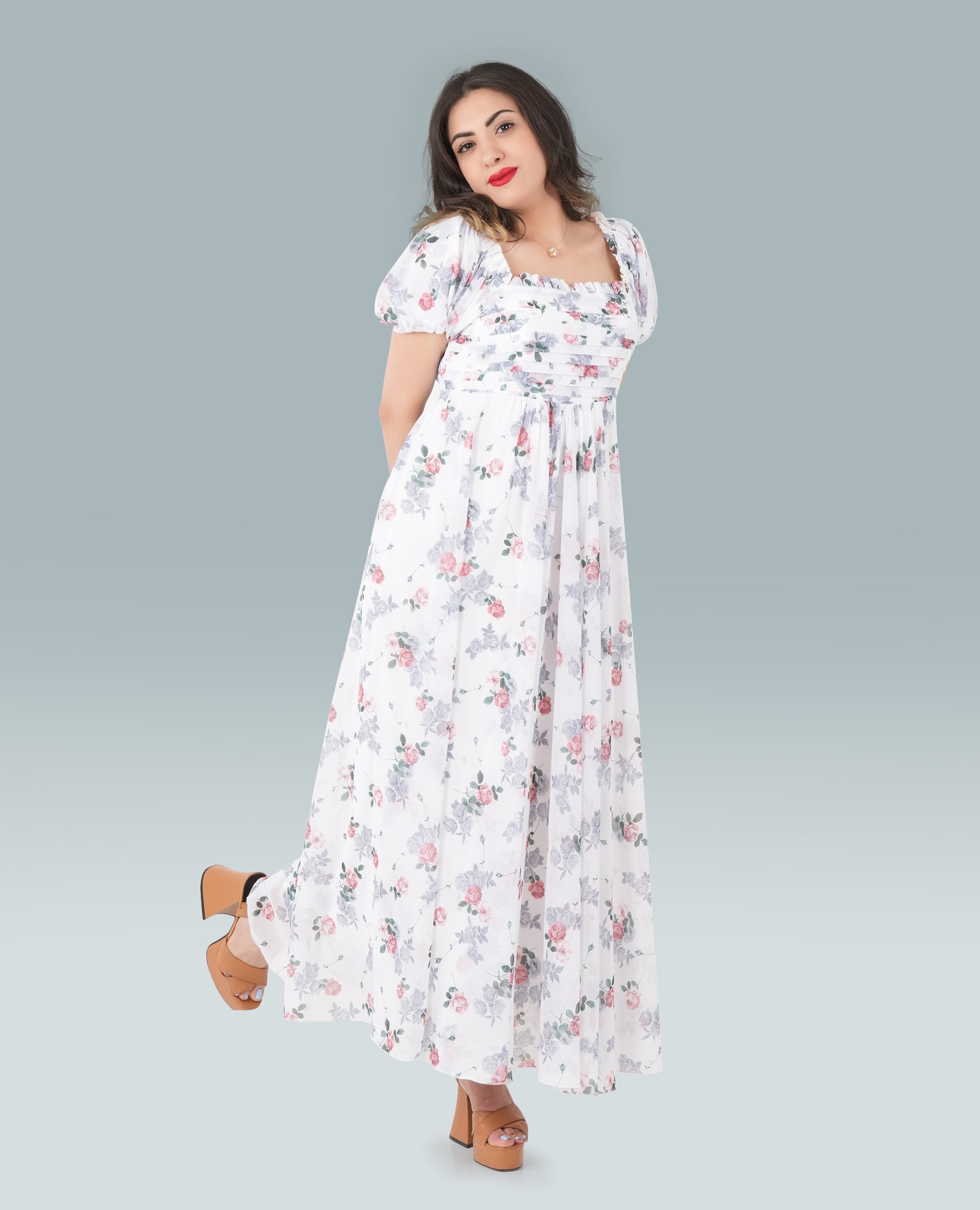 FineLook Women's Floral Print Puff Sleeve Maxi Dress – Elegant Square Neck Flowy Gown