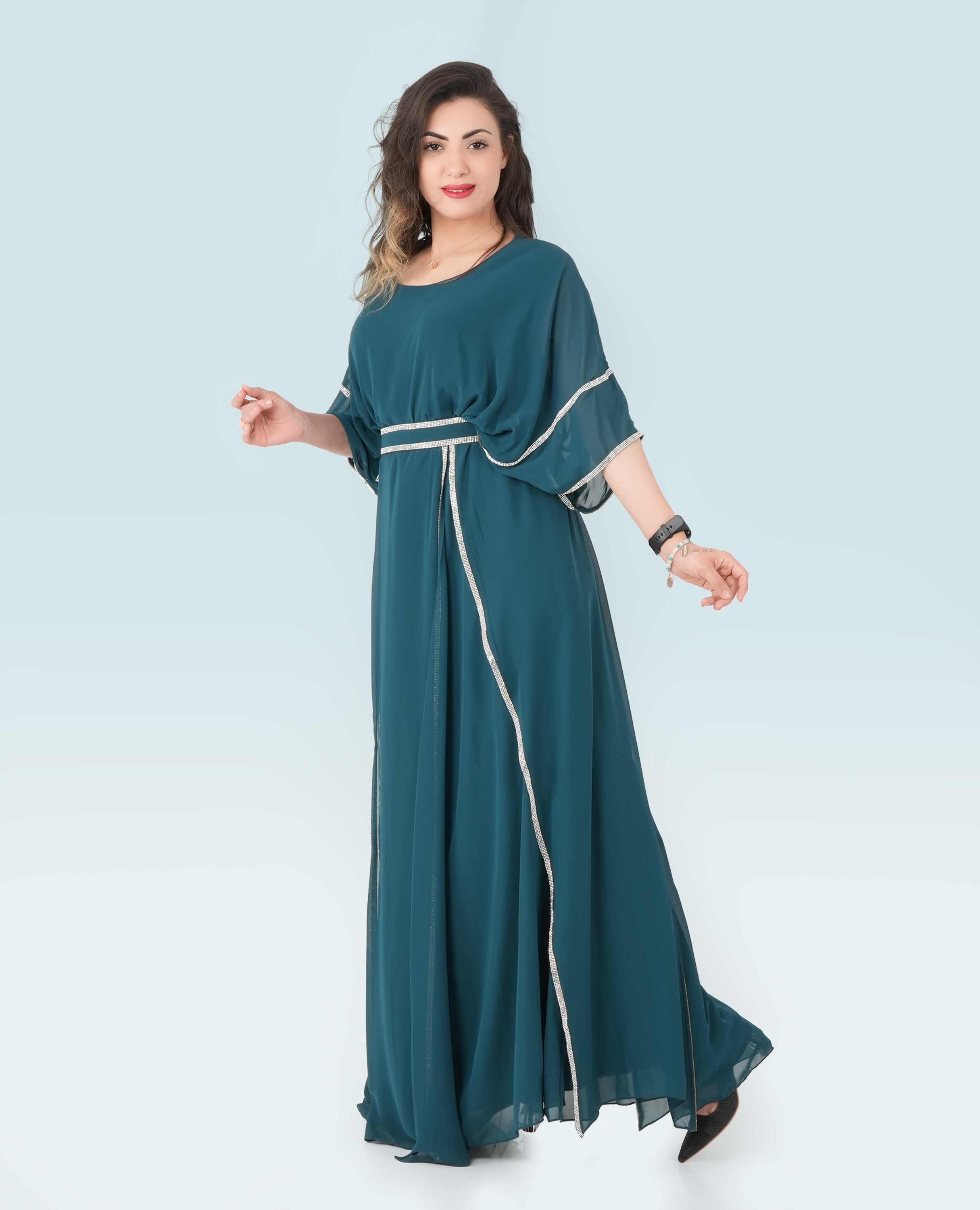 Teal Kaftan Maxi Dress with Silver Trim – Elegant Flowing Evening Gown