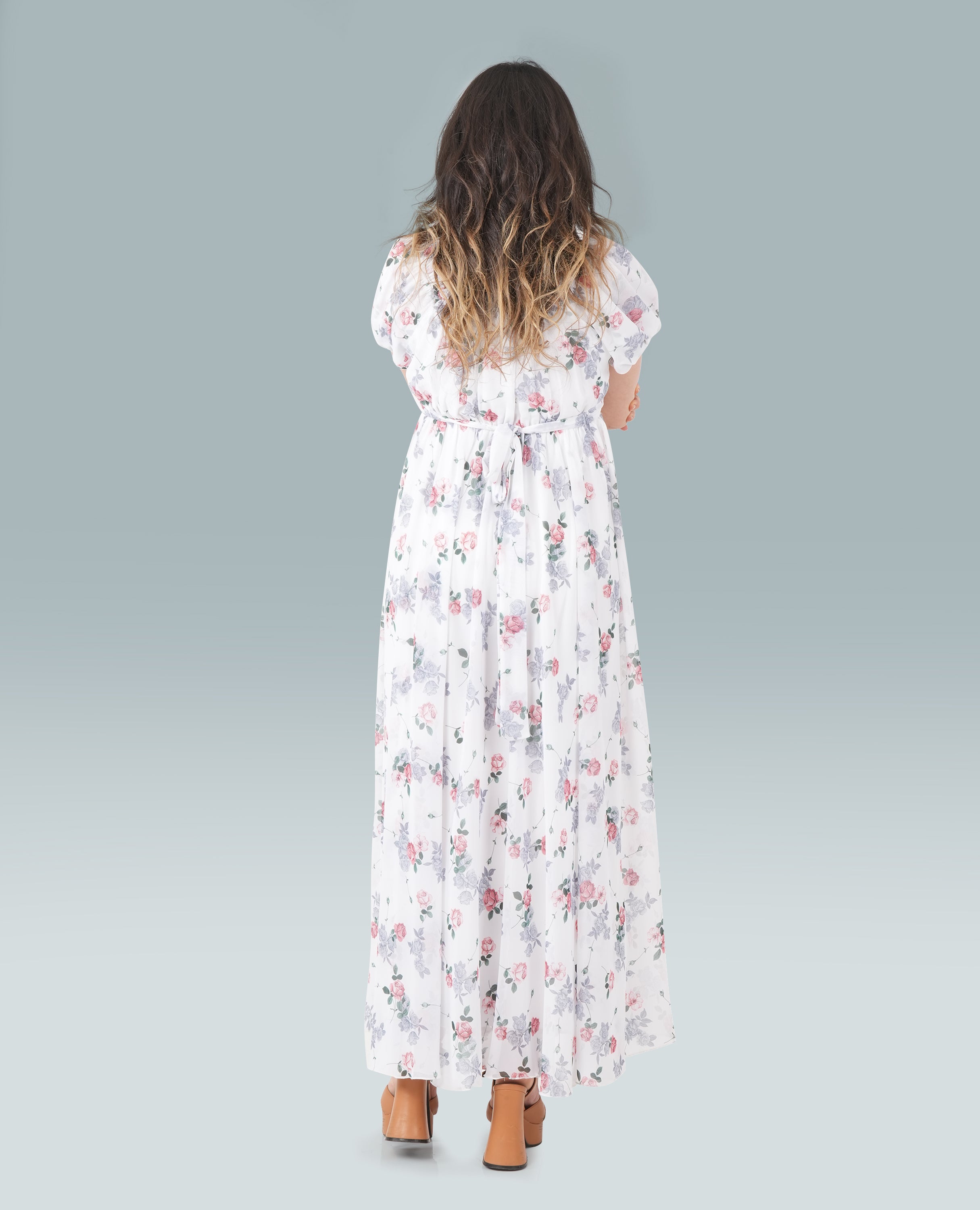 FineLook Women's Floral Print Puff Sleeve Maxi Dress – Elegant Square Neck Flowy Gown