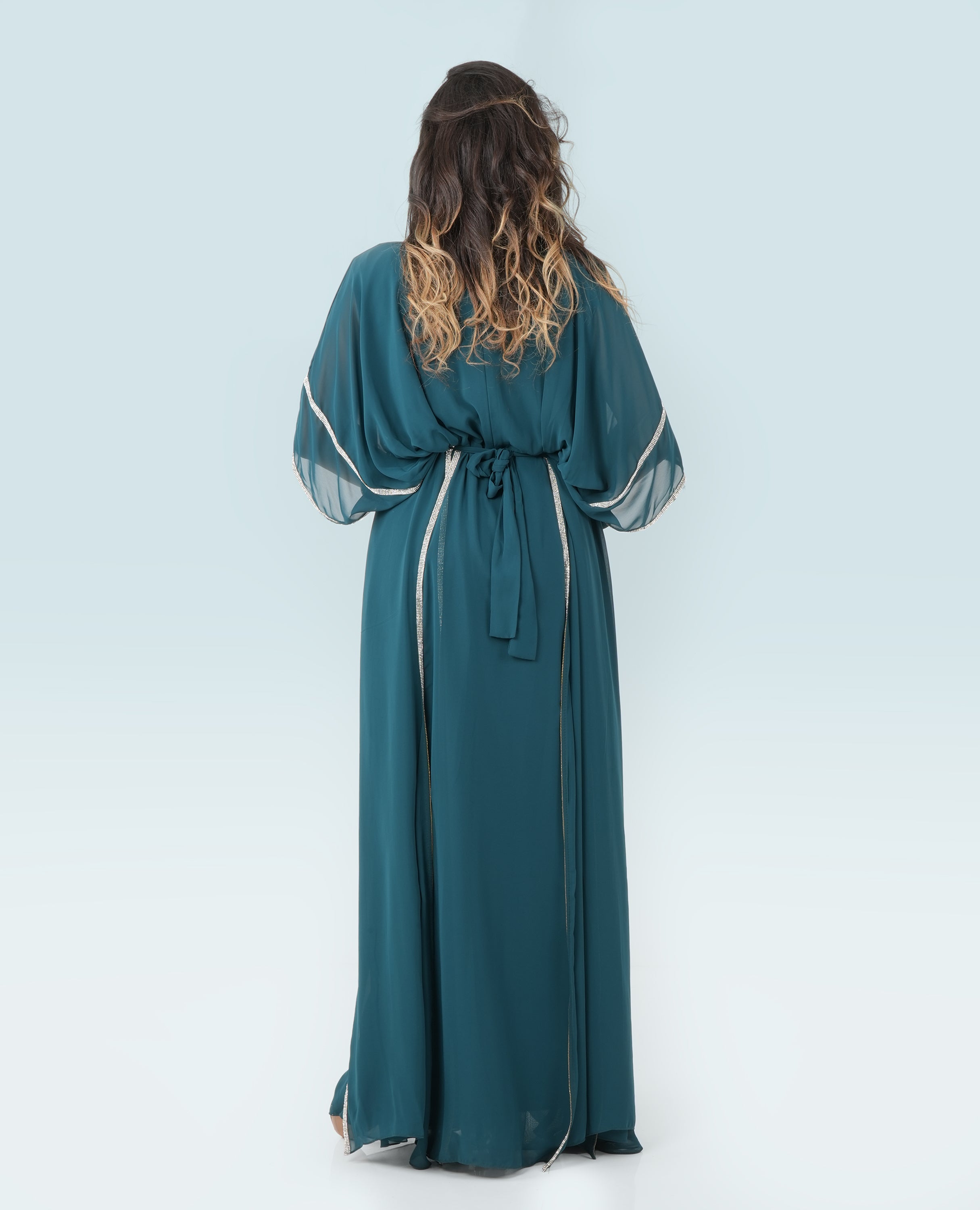 Teal Kaftan Maxi Dress with Silver Trim – Elegant Flowing Evening Gown