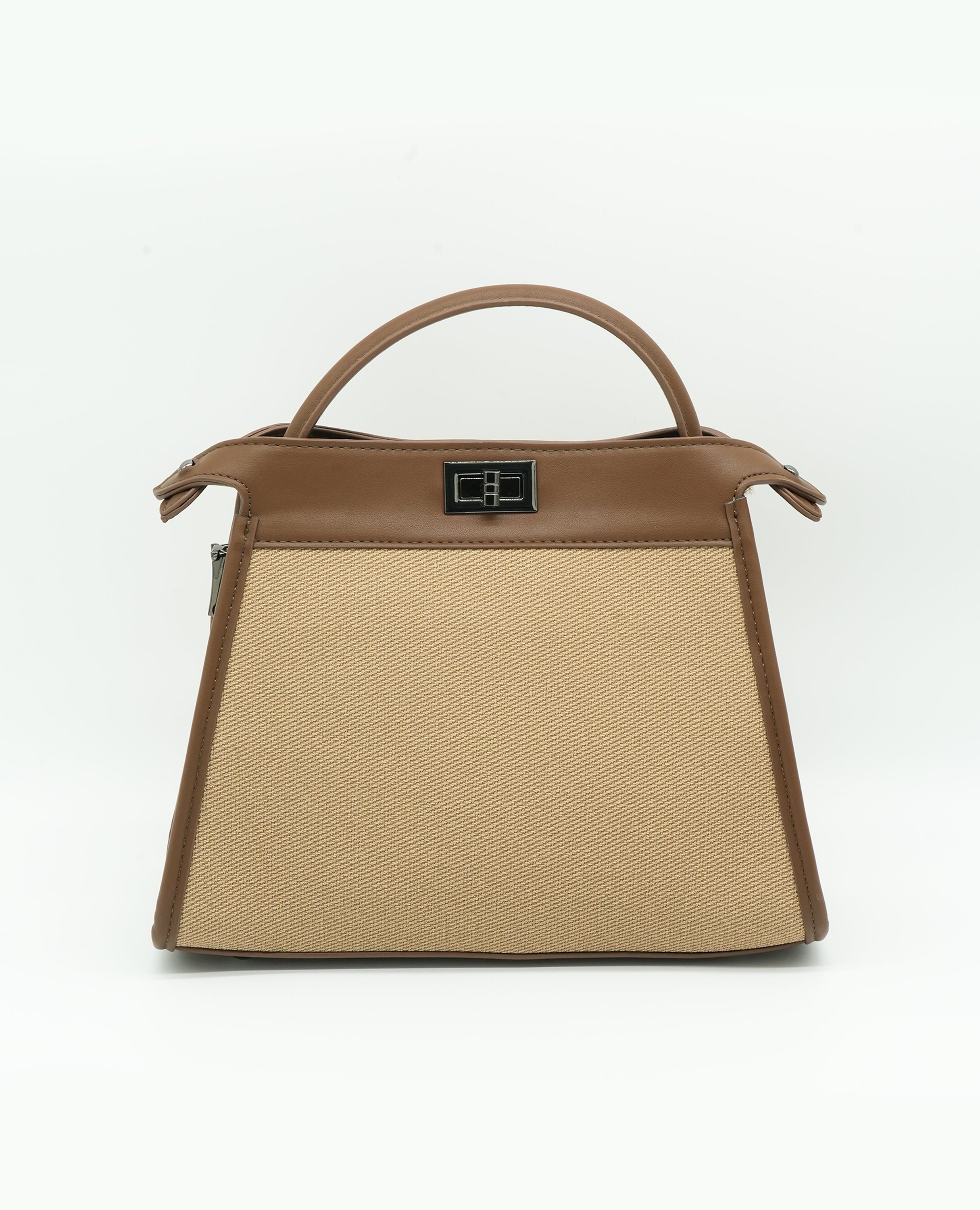 Elegant Canvas & Leather Handbag with Turn-Lock Closure - FineLook