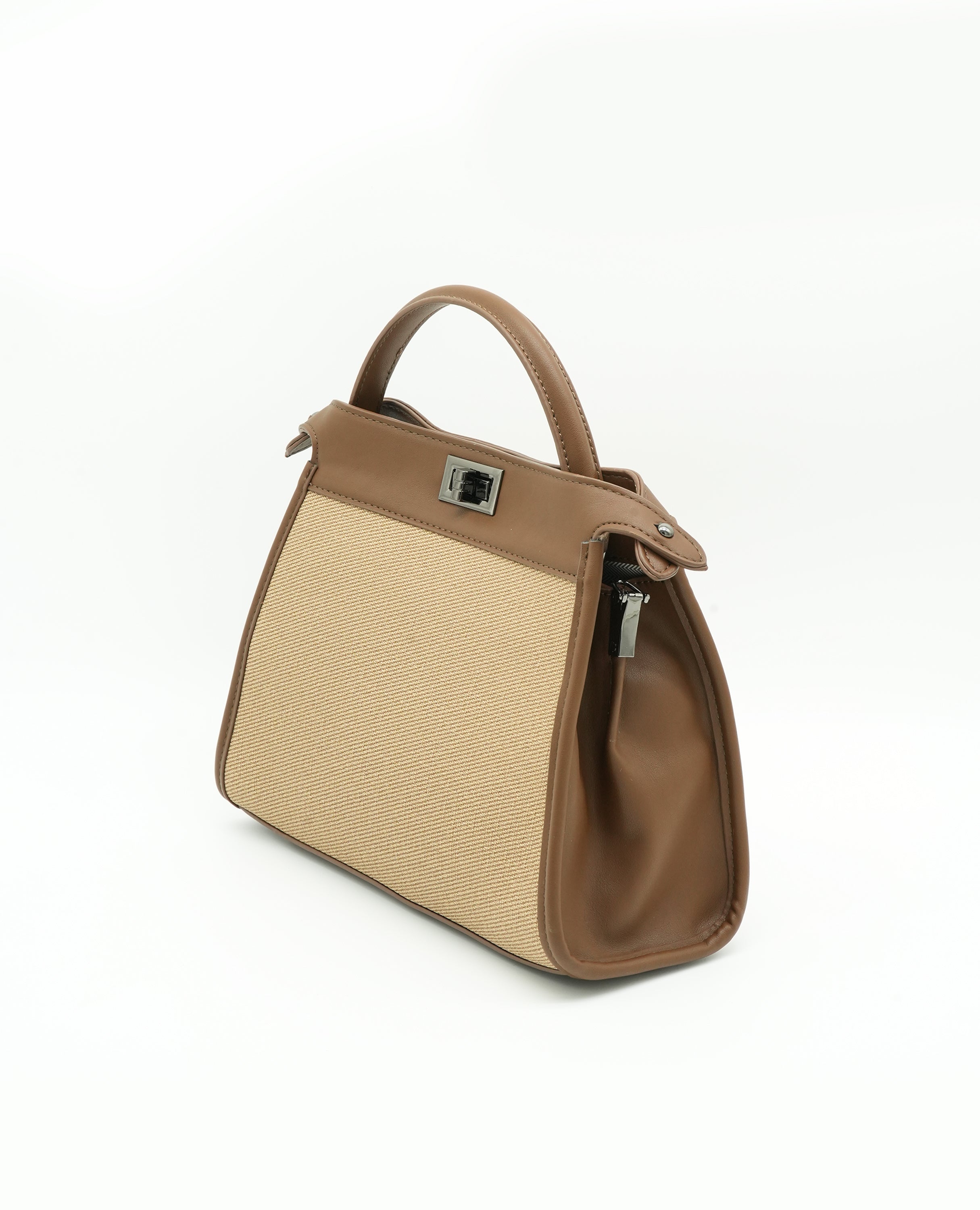 Elegant Canvas & Leather Handbag with Turn-Lock Closure - FineLook